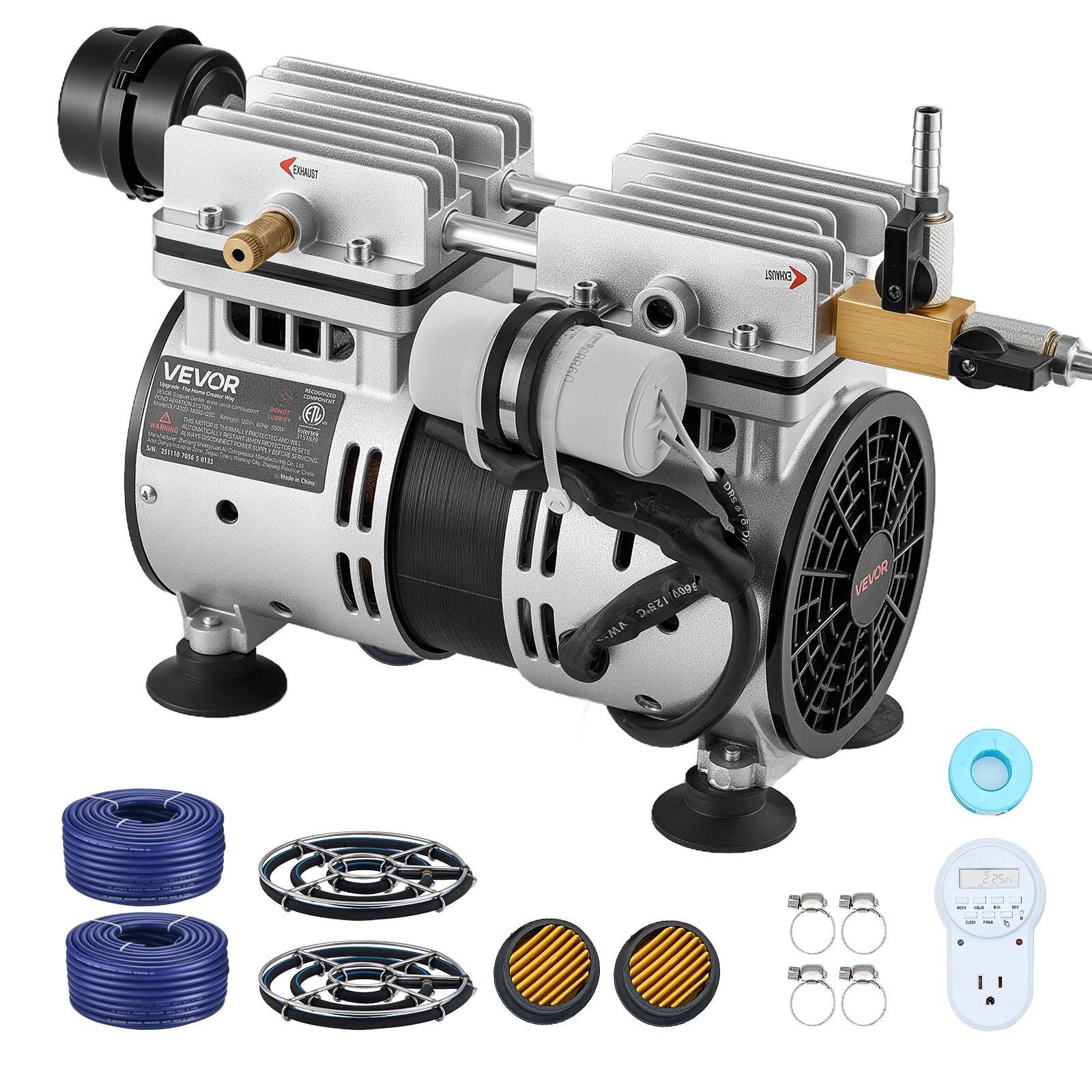 Tragbarer VEVOR Zwilllings-Luftkompressor mit angebrachten Schläuchen, Manometern, Filterelementen, Montagringen und einem Stecker-Controller auf weißem Hintergrund.