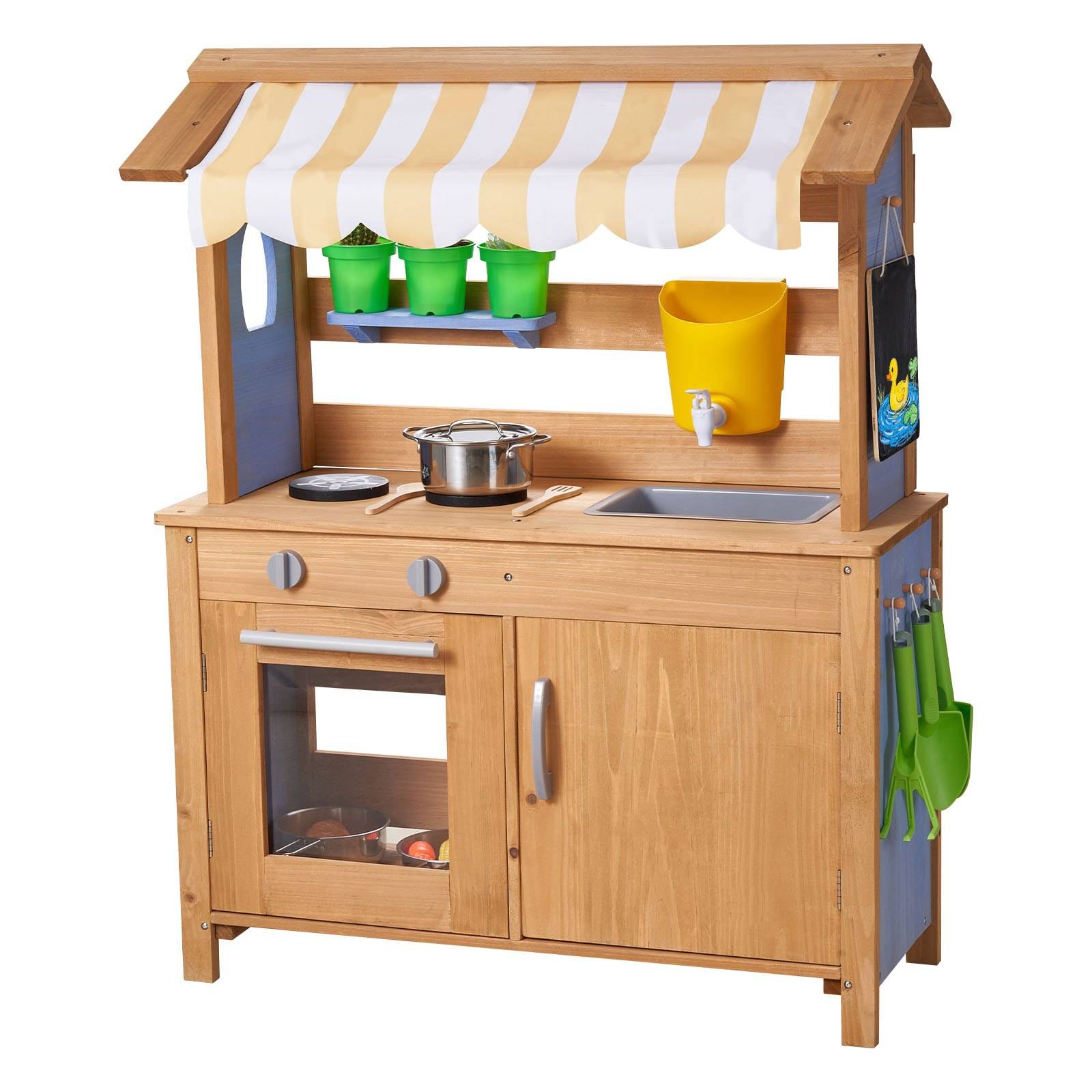 Holzspielküche für Kinder mit gestreiftem Markisendach, Herd, Spüle, Ofen, Regalen und hängenden Küchenutensilien.