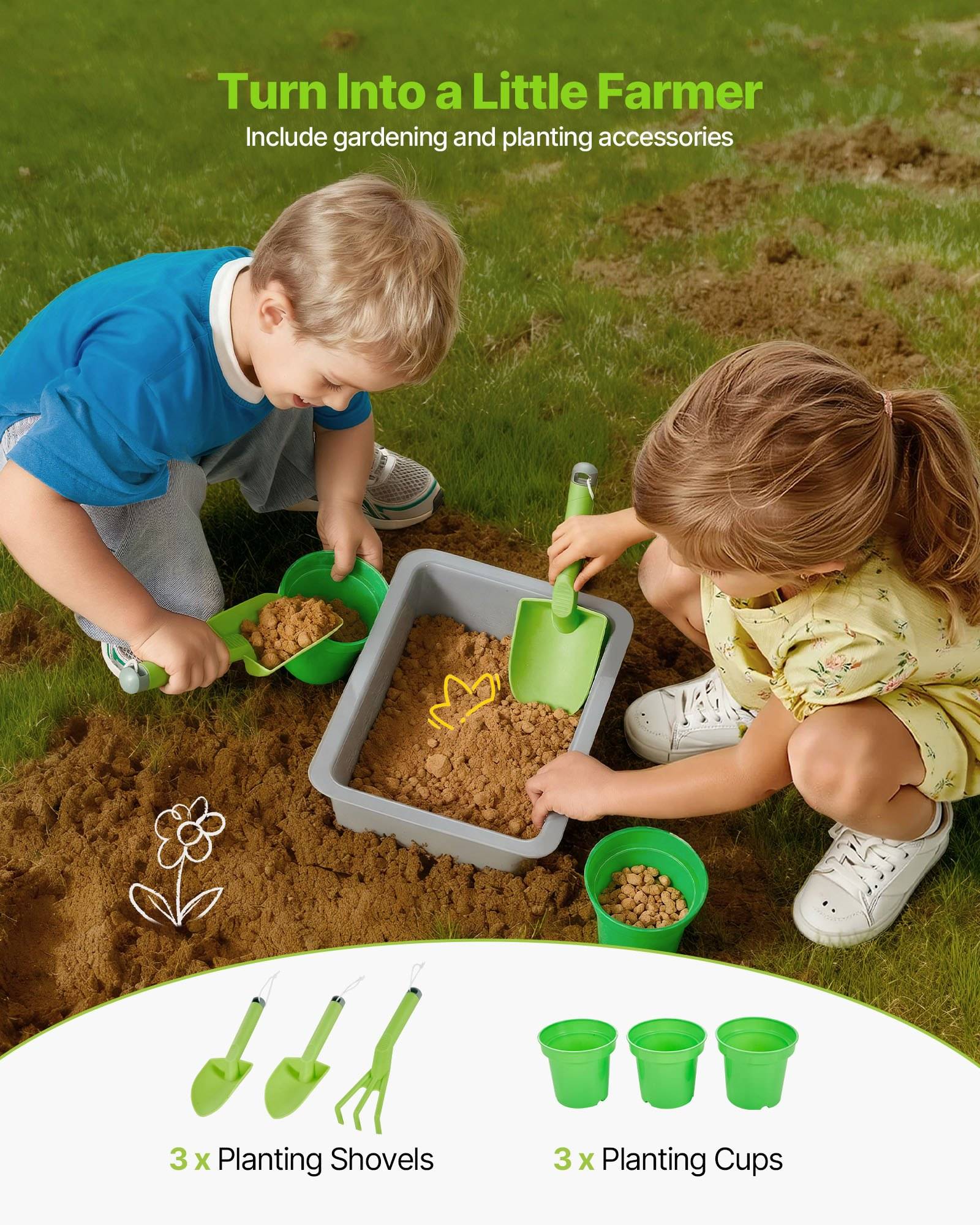 Zwei Kinder, die mit Spielschaufeln und Bechern neben einem Tablett mit Erde gärtnern; Text sagt „Verwandle dich in einen kleinen Bauern" und „Gärtnerei- und Pflanzenzubehör inbegriffen"" mit 3 Pflanzschaufeln und 3 Pflanzenbechern.