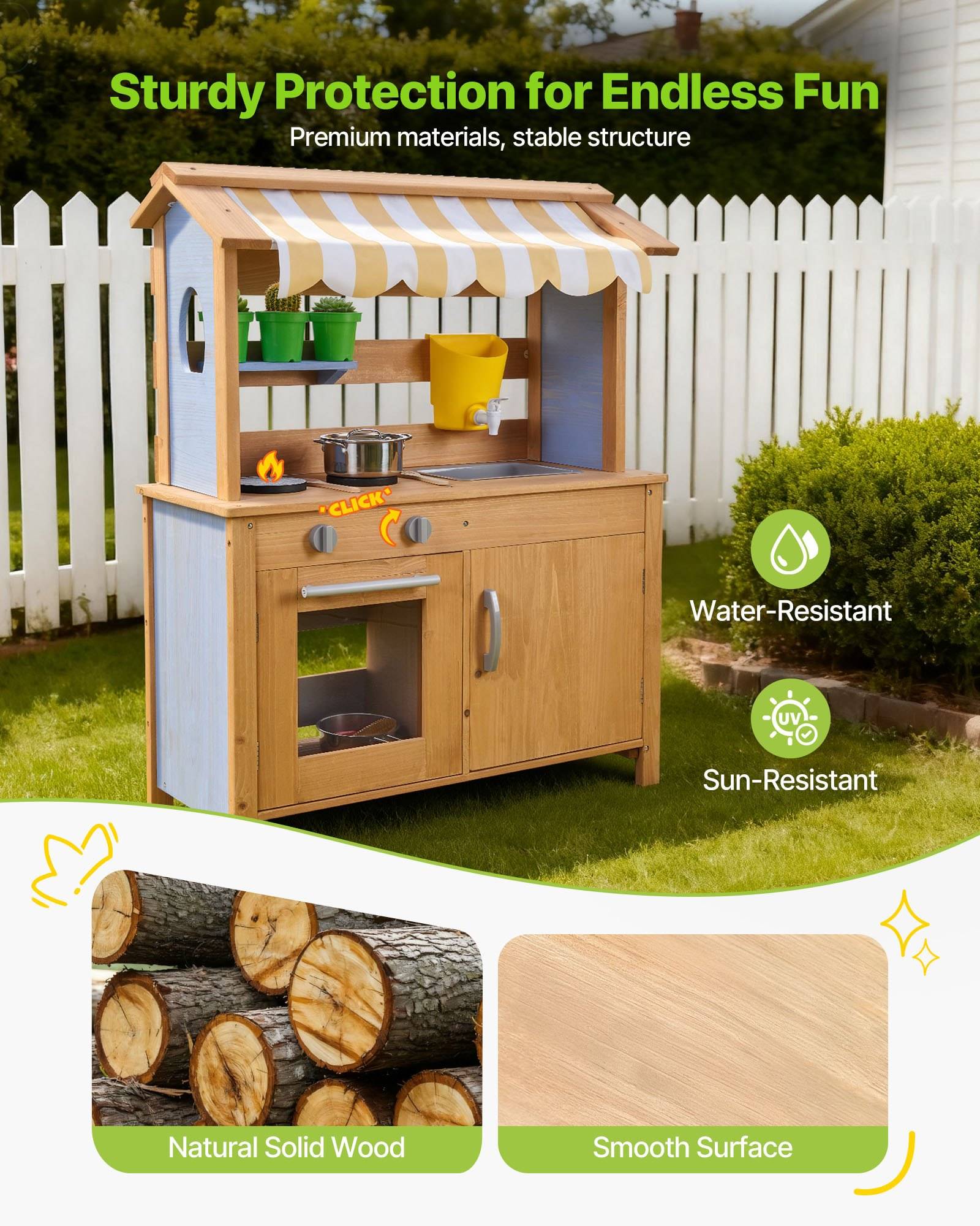 Holzspielküche für den Außenbereich mit gestreifter Markise in einem Garten, mit der Aufschrift "Robuster Schutz für endlosen Spaß""; hebt wasserfest, sonnenschutzfähig, massives Naturholz und glatte Oberfläche hervor.
