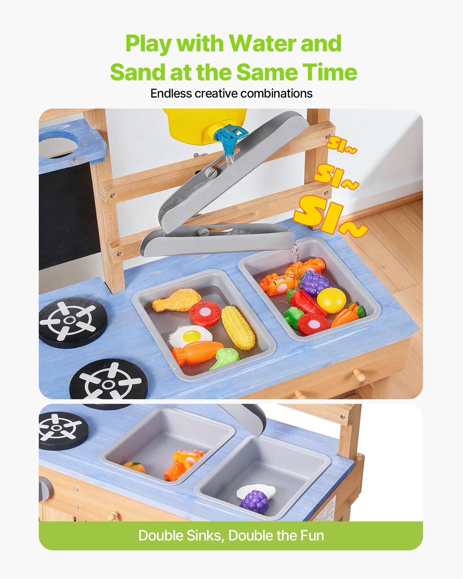 Werbebild eines hölzernen Wasser- und Sandspieltisches mit zwei grauen Spülen, einem Spielzeughahn und bunten Kunststoff-Lebensmittelspielzeugen, mit der Bildunterschrift „Gleichzeitig mit Wasser und Sand spielen" und „Doppelte Spülen, doppelter Spaß"".