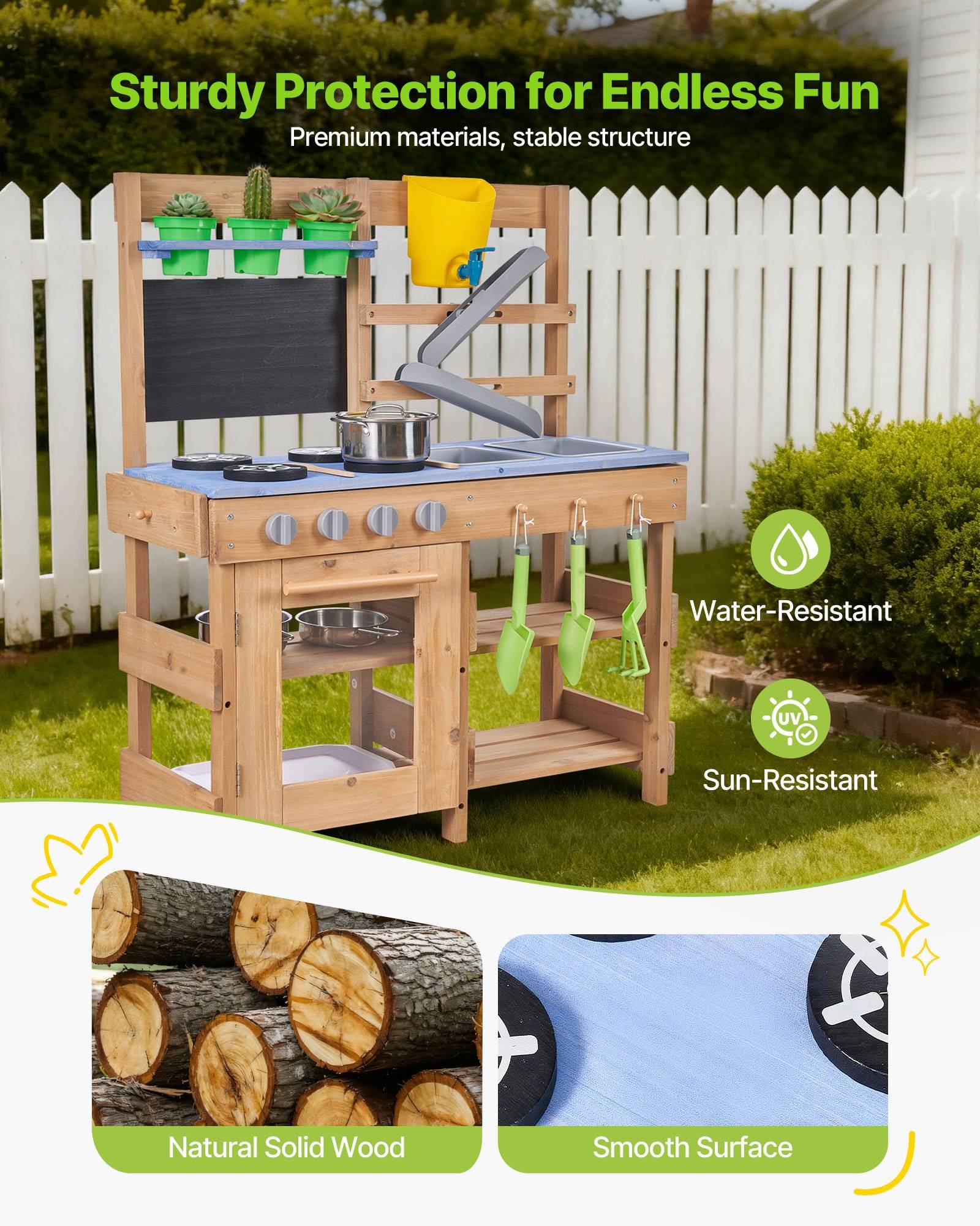 Produktanzeige für eine hölzerne Outdoor-Spielküche für Kinder mit Herd, Spüle, Regalen und Utensilien; gekennzeichnet als wasserbeständig, sonnenbeständig, aus massivem Naturholz, glatte Oberfläche.