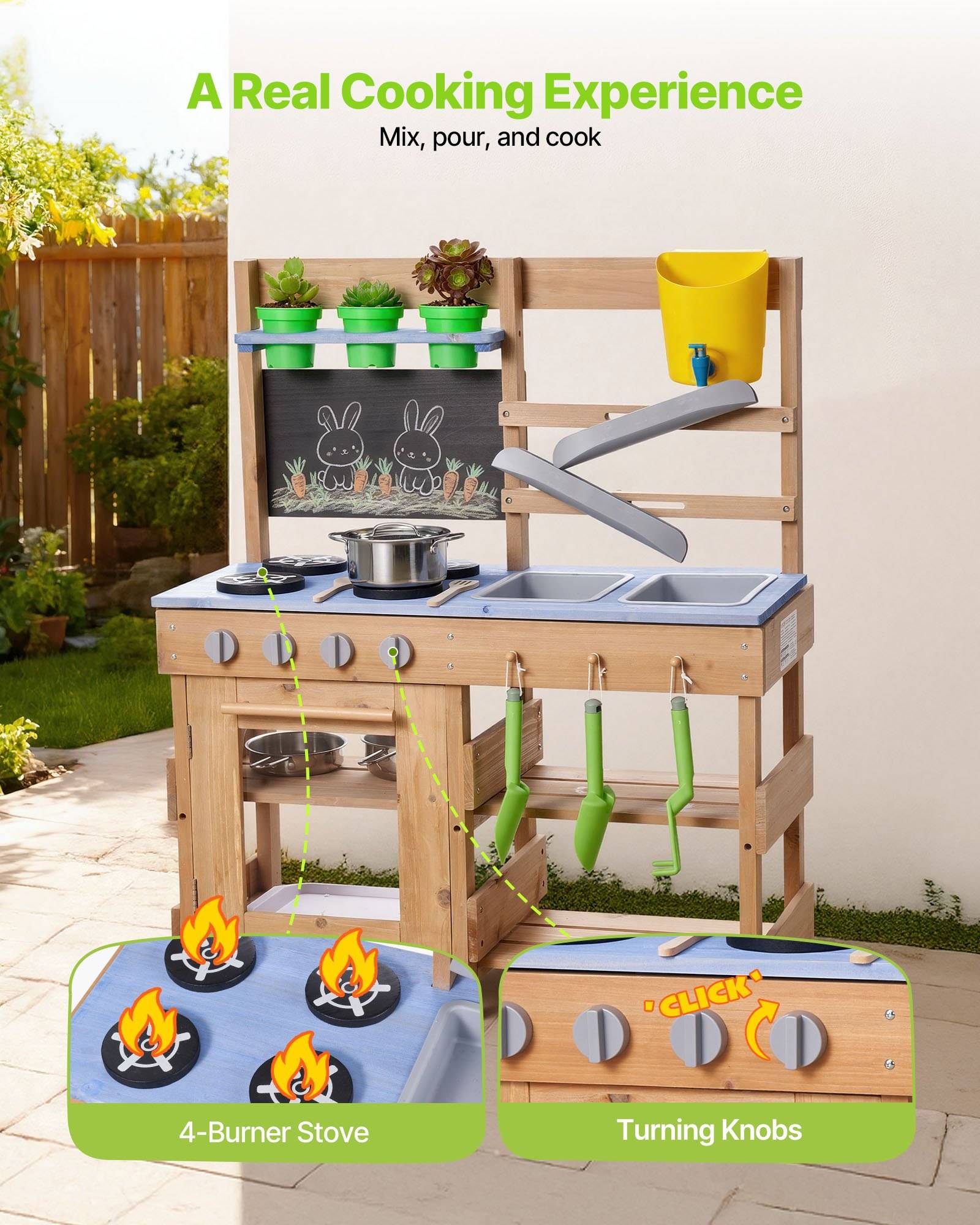 Outdoor-Spielküche mit Herd, Spüle, hängenden Utensilien und drehbaren Knöpfen; beschriftet mit „4er-Brenner-Herd" und „Drehbare Knöpfe"".