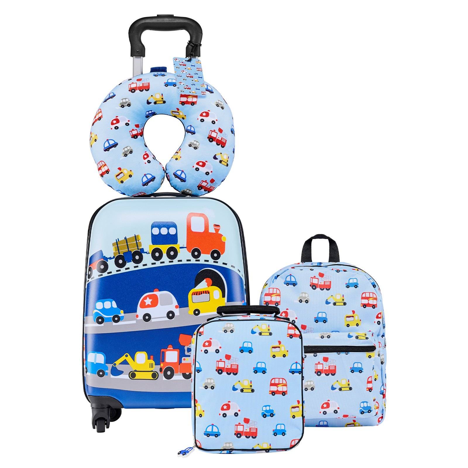 Kinder-Reisegepäck-Set mit rollendem Koffer, Rucksack und Nackenkissen in hellem Blau mit Fahrzeugdruck.