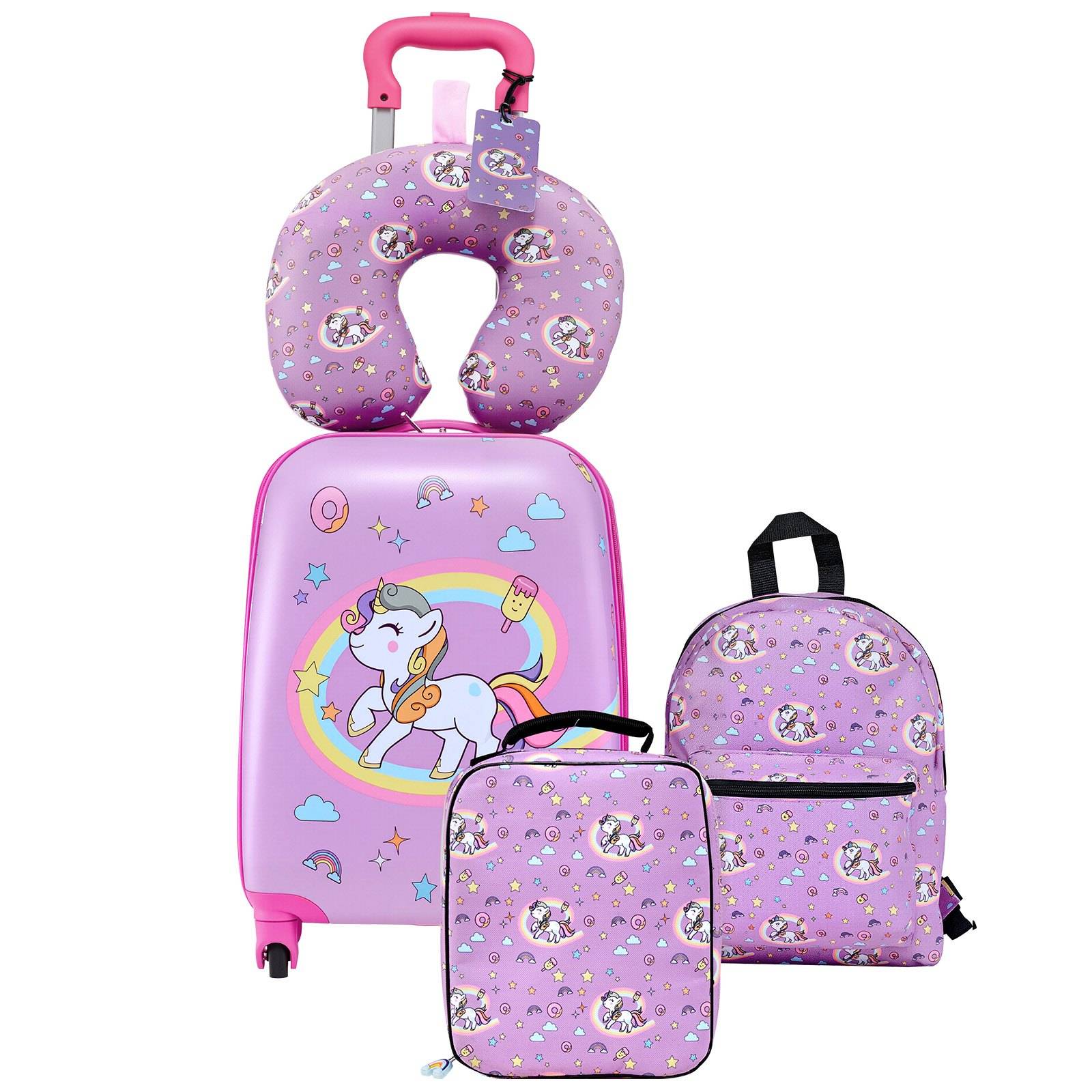 Rosa Einhorn-Kofferset mit Rollkoffer, Nackenkissen, Rucksack und Lunchbox auf weißem Hintergrund.