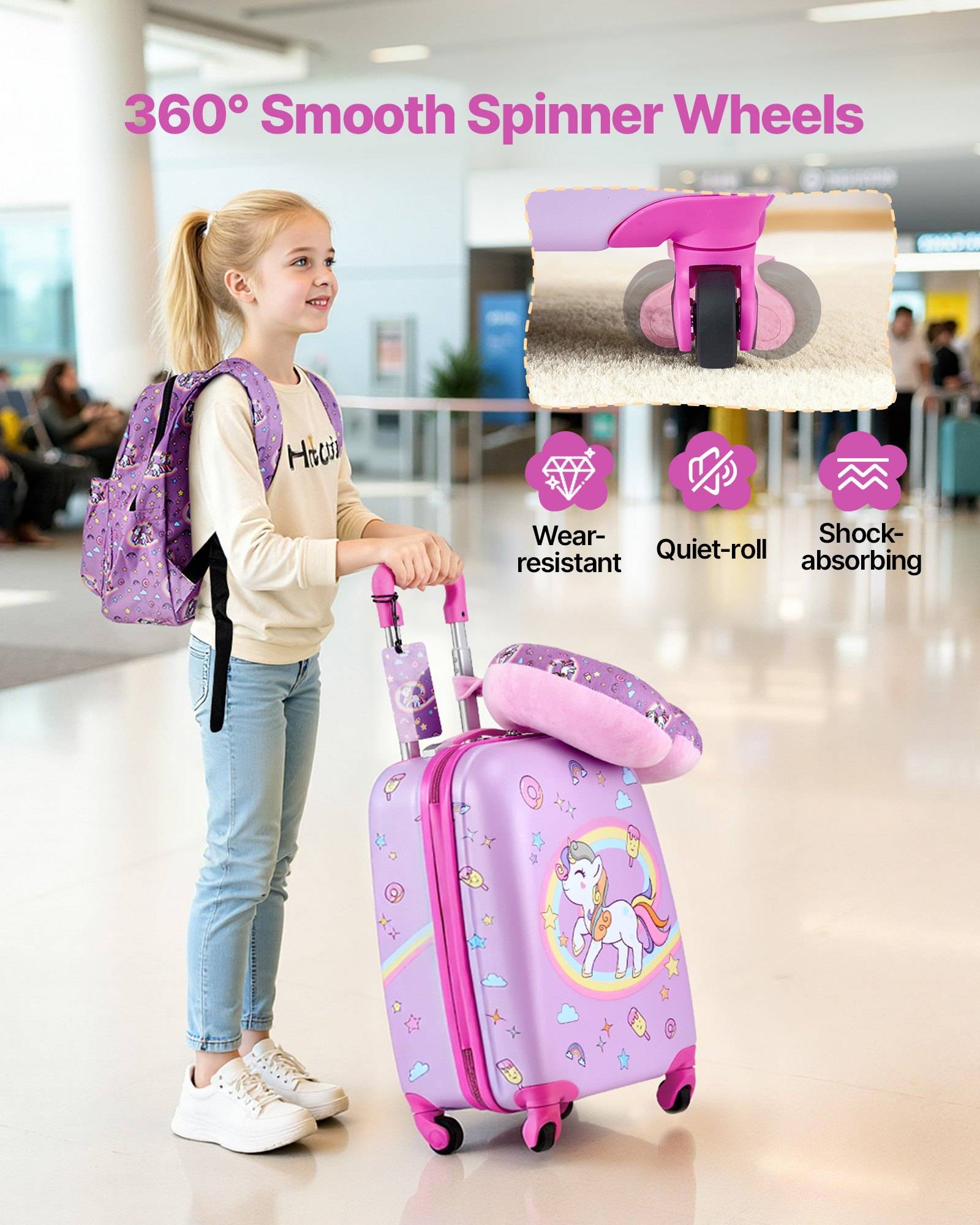 Mädchen mit einem lila Einhorn-Koffer und Rucksack an einem Flughafen, das 360°-Spinner-Rollen mit verschleißfesten, leisen Rollen- und stoßdämpfenden Eigenschaften bewirbt.