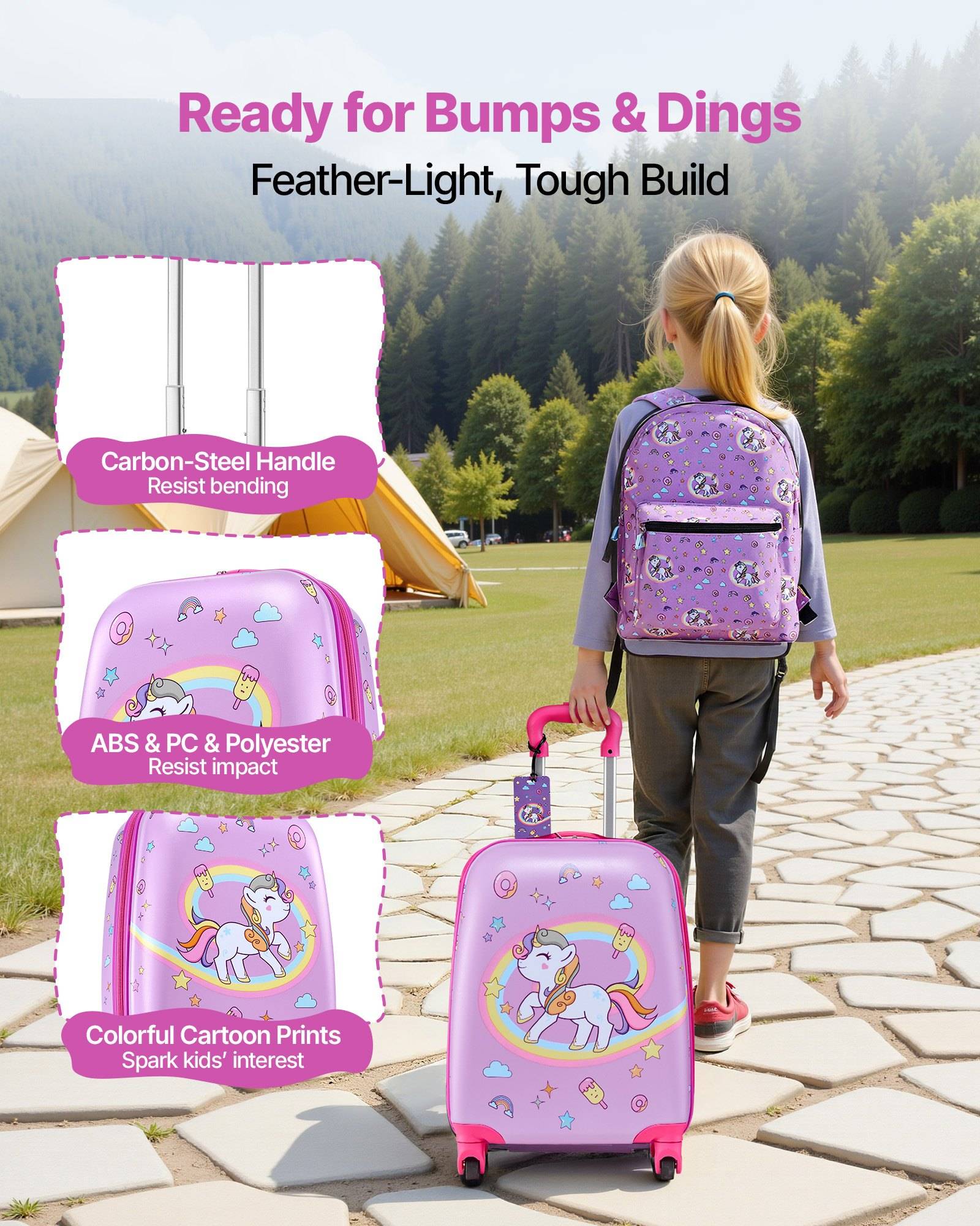 Anzeige mit einem Mädchen mit einem violetten Einhorn-Rucksack und Rollkoffer im Freien; der Text hebt „Bereit für Beulen & Dellen" und „Federleicht, robuste Verarbeitung"" hervor, mit Angaben zu Edelstahlgriff, stoßfesten Materialien und farbenfrohen Cartoon-Drucken.