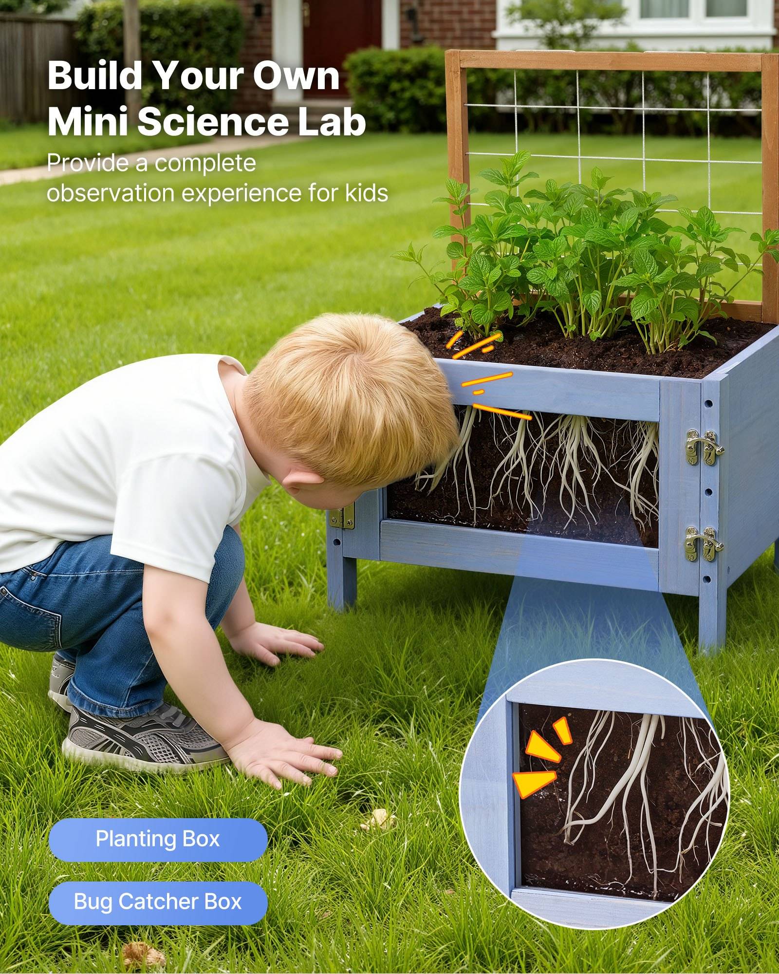 Kind untersucht ein erhöhtes Mini-Wissenschaftslabor-Blumenbeet mit sichtbaren Wurzeln; Text besagt „Baue dein eigenes Mini-Wissenschaftslabor" und „Pflanzkasten"" und „Insektenfänger-Box"".