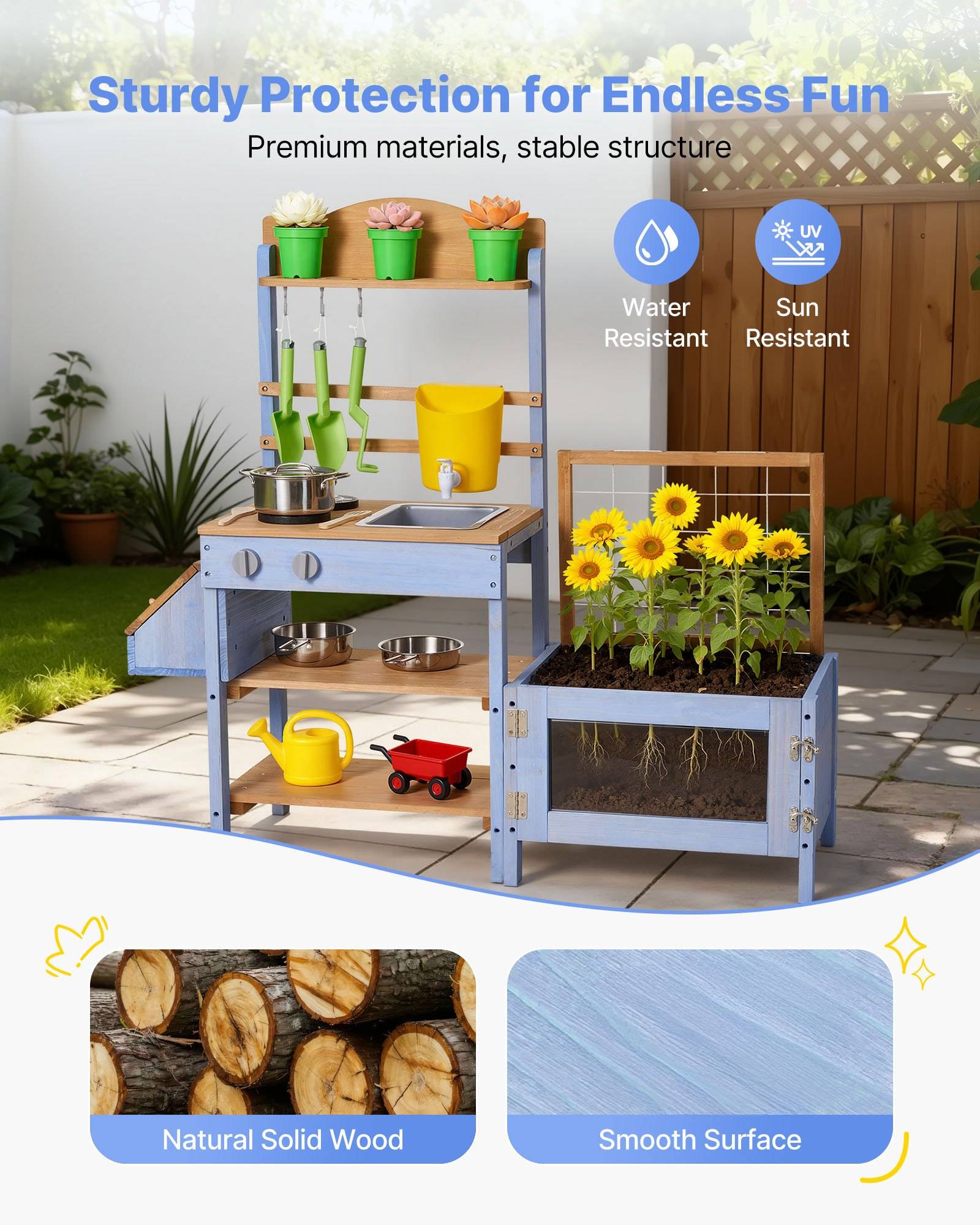 Outdoor-Spielküche aus Holz und Pflanzgefäß-Set mit Text, der langlebige, wasserbeständige, sonnenbeständige Materialien und massives Naturholz mit glatter Oberfläche bewirbt.