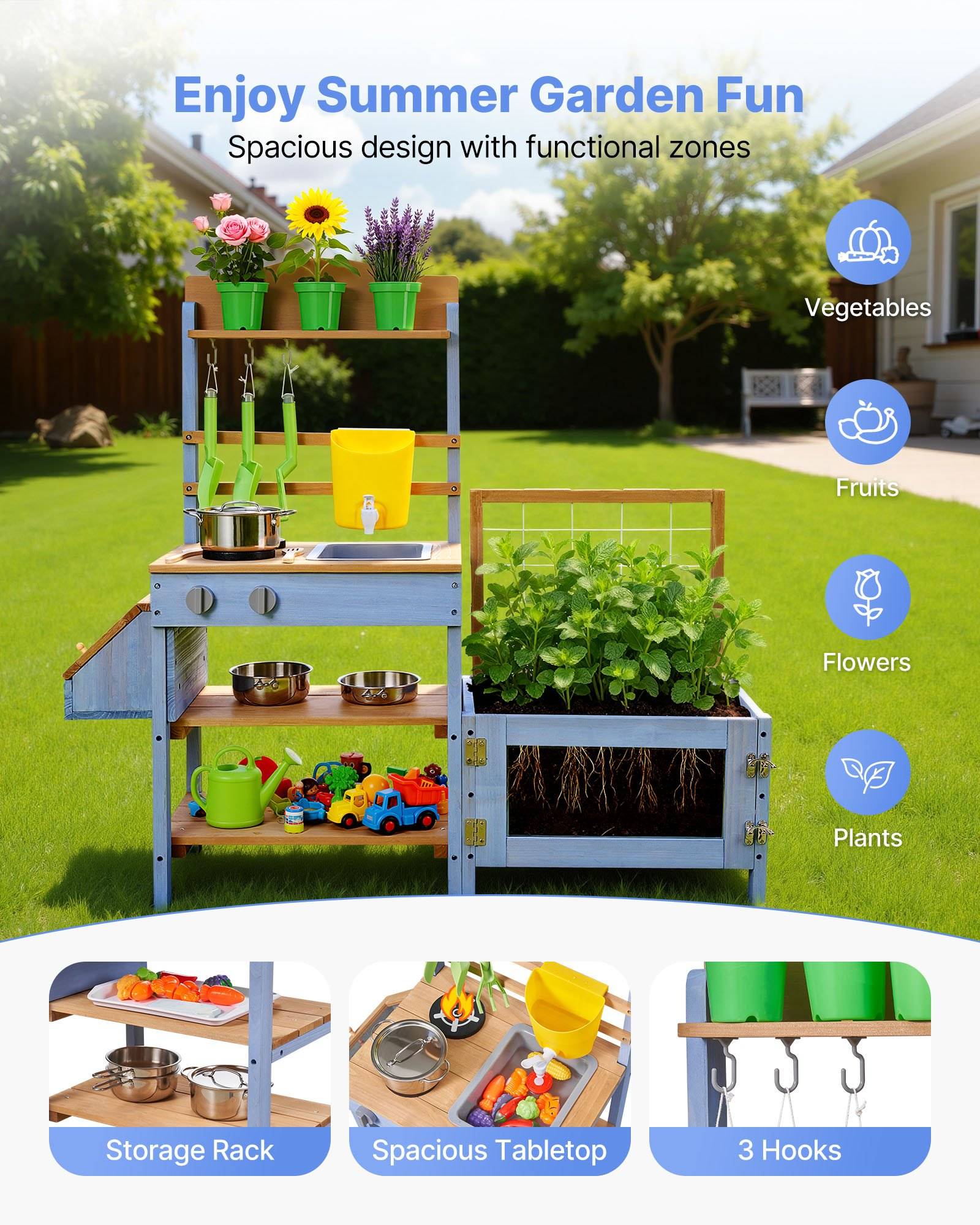 Gartenspielnküche im Hinterhof, mit dem Titel „Genießen Sie Sommergartenspaß", zeigt Ablagenregal, Arbeitsfläche, Haken und gekennzeichnete Zonen für Gemüse, Obst, Blumen und Pflanzen.