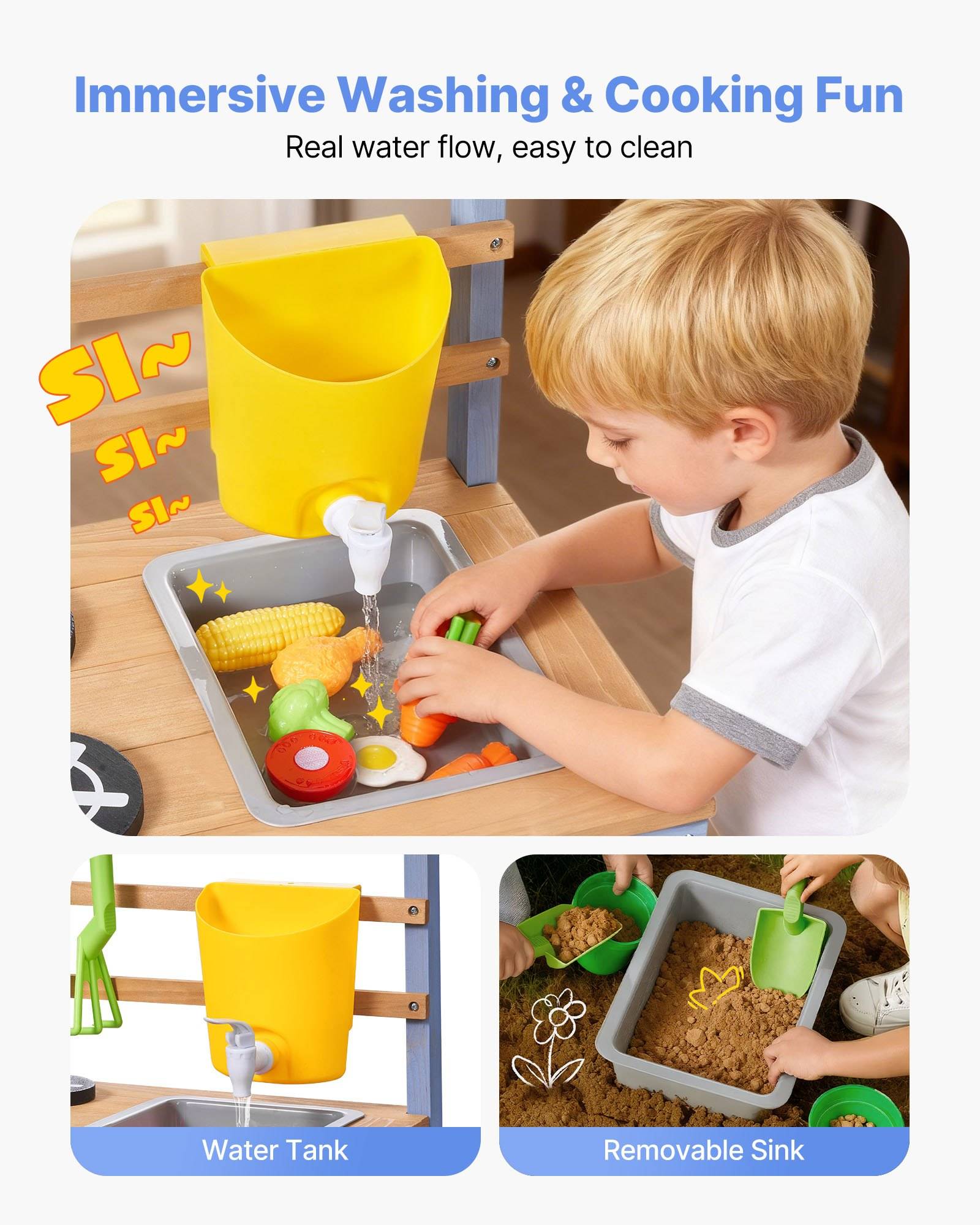 Werbefoto eines Kindes, das mit einem immersiven Spielzeug-Wasch- und Kochset spielt, das einen Wassertank, ein abnehmbares Waschbecken und zu wassendes Spielzeugessen zeigt.
