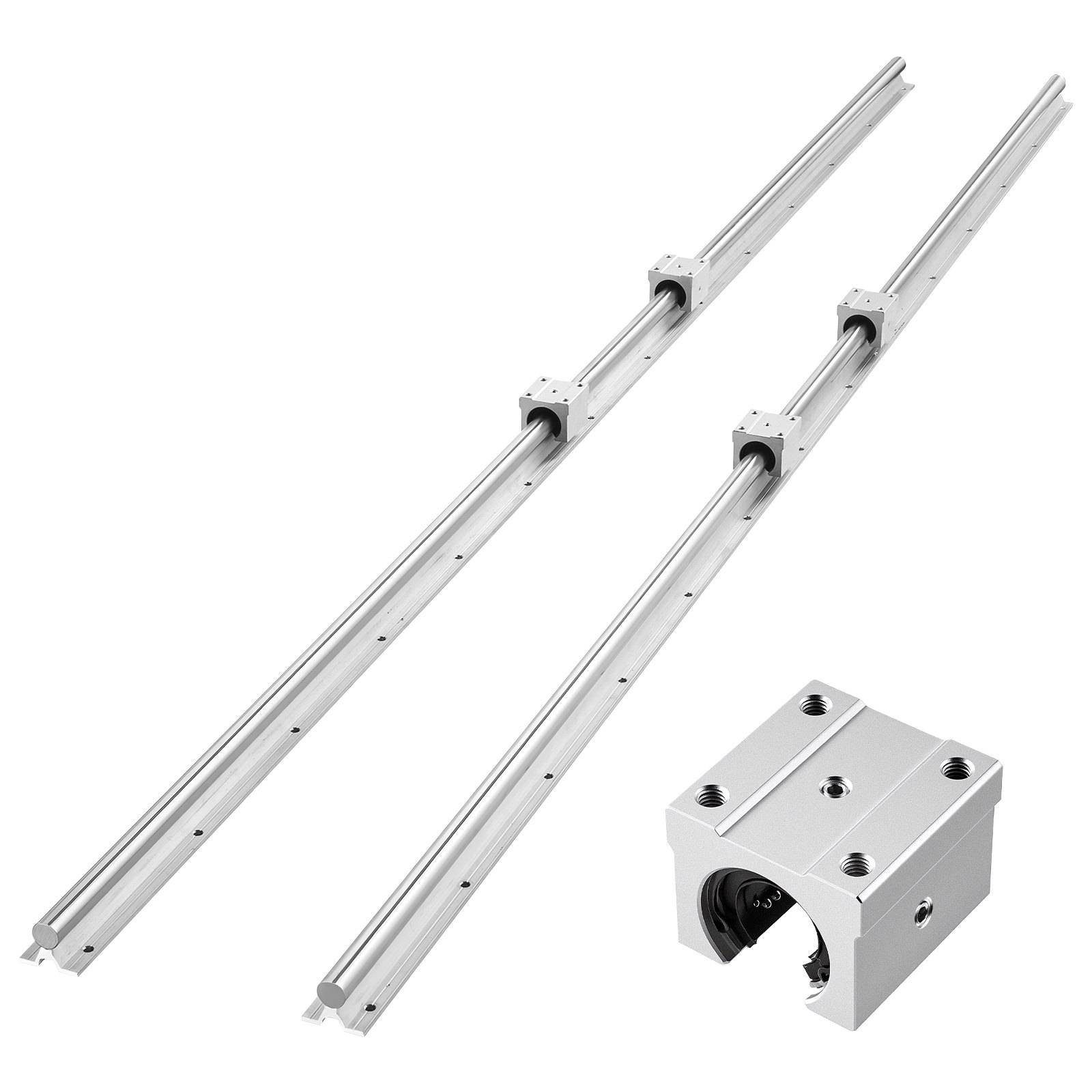 Zwei lineare Schienenführungen mit Gleitblöcken und ein separates Aluminium-Lagnergehäuse auf weißem Hintergrund.
