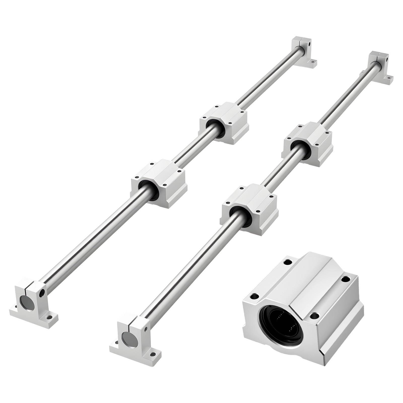 Zwei Linearführungsschienen-Baugruppen mit Lagerblocken und eine separate Nahaufnahme eines Linearlagerkörpers auf weißem Hintergrund.