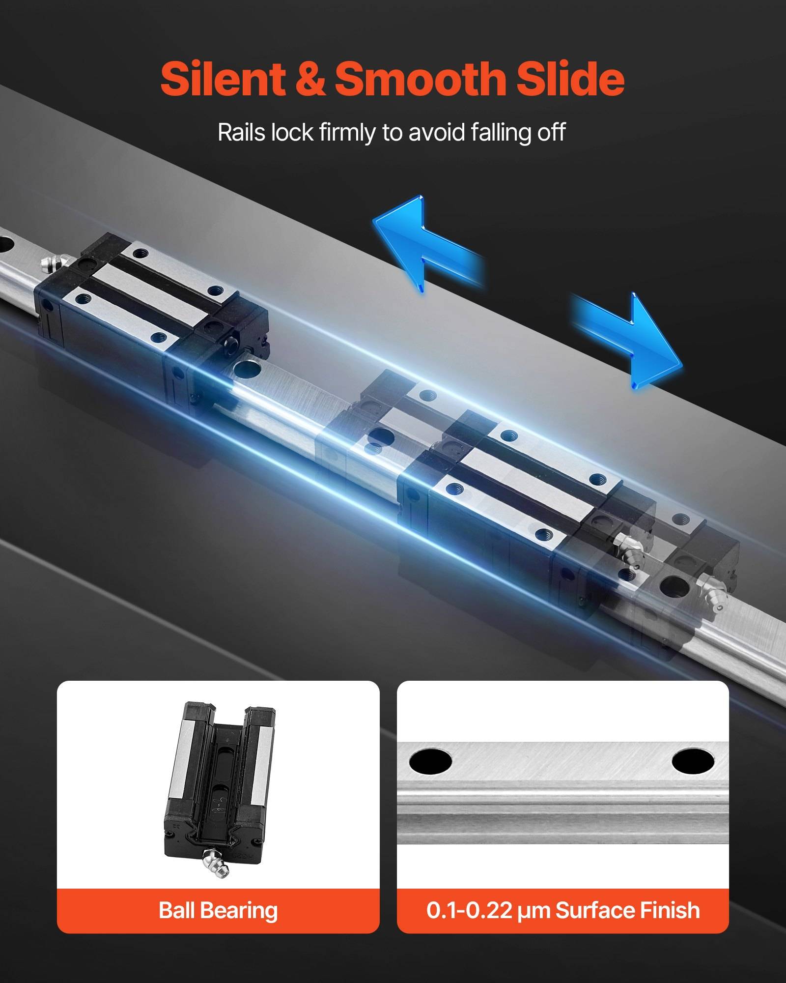 Werbegrafikzeige einer Schubladenschiene mit dem Text „Silent & Smooth Slide", die Kugellagerschienen, einen Verriegelungsmechanismus und eine Oberflächenfinish von 0,1-0,22 μm zeigt.