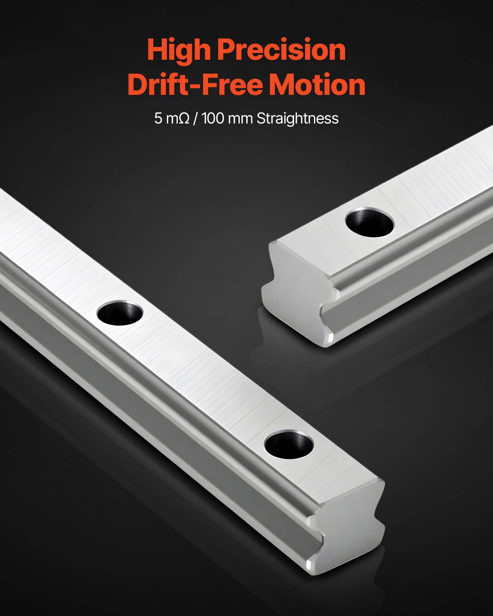 Produktbild von zwei silbernen Präzisions-Linearschienen auf dunklem Hintergrund, beschriftet mit „Hochpräzisions-Driftfreie Bewegung" und „5 mΩ / 100 mm Geradheit"".