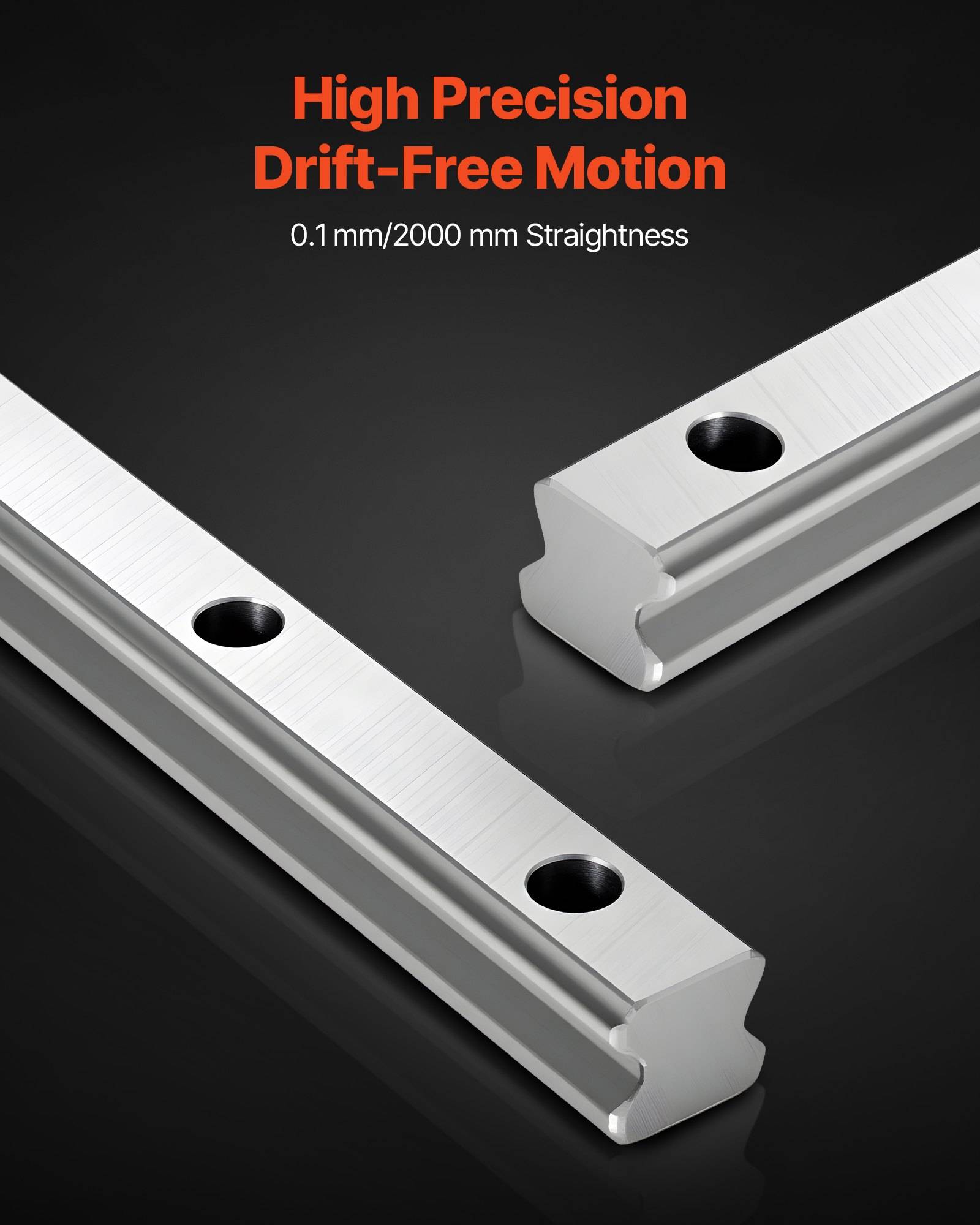 Zwei Präzisions-Metallschienen mit Befestigungslöchern, gekennzeichnet mit „High Precision Drift-Free Motion" und „0,1 mm/2000 mm Geradheit"" auf dunklem Hintergrund.