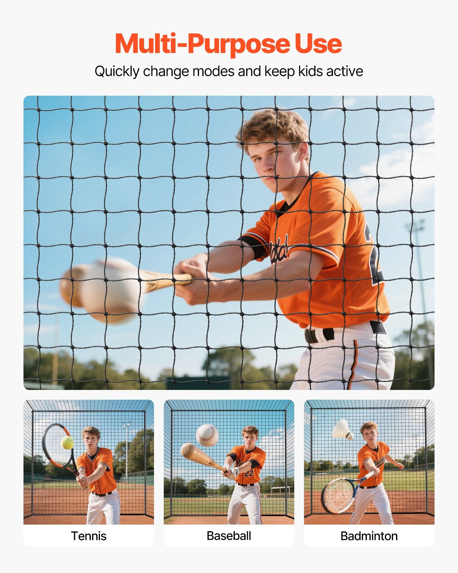 Anzeige für ein vielseitiges Kindersportset, das einen Jungen zeigt, der das gleiche Netz für Tennis, Baseball und Badminton verwendet, mit der Bildunterschrift „Modi schnell wechseln und Kinder aktiv halten".