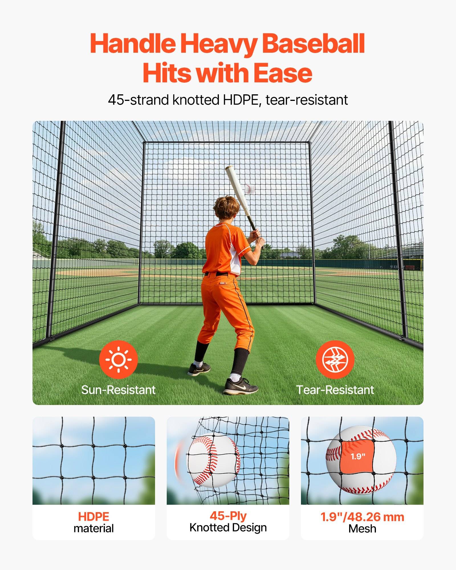 VEVOR Baseball Schlagkäfig (Rechteckig) Netz 10668x3200x3100 mm, Tragbares Trainingsnetz mit 45-lagigem &amp; Geknotetem HDPE-Gewebe &amp; Langen