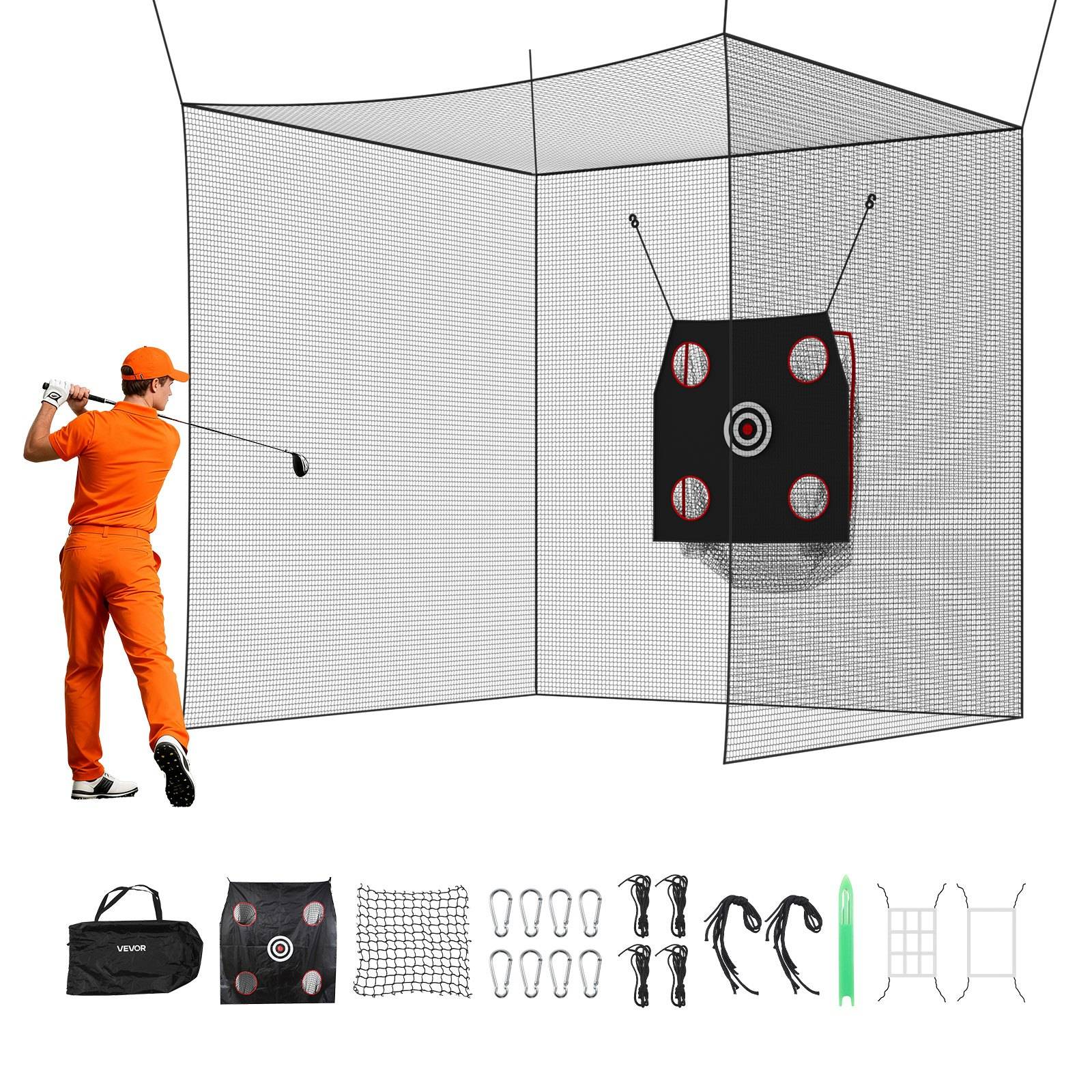 Golftrainingsnetz-Aufbau mit Ziel und Zubehör; ein Golfer in Orange schwingt auf ein hängendes Ziel in einem großen Netzgehäuse, mit Tasche, Netzteilen, Heringen und Seilen unten dargestellt.