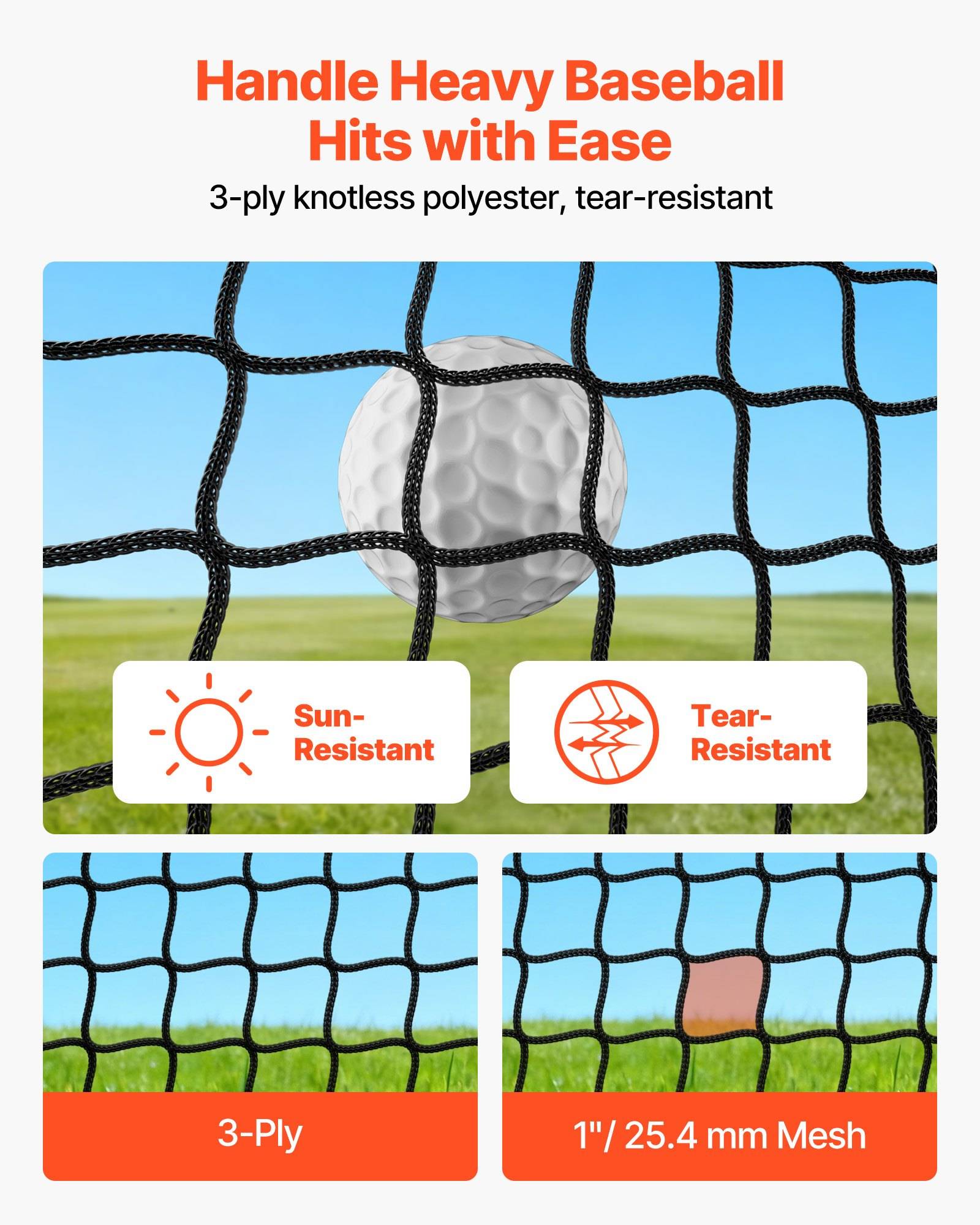 Werbe-Grafik eines Baseballnetzes mit einem Ball hinter schwarzem knotenlosen Polyester-Netz, das die sonnenresistenten, reißfesten, 3-lagigen und 1-Zoll-Maschenmerkmale hervorhebt.