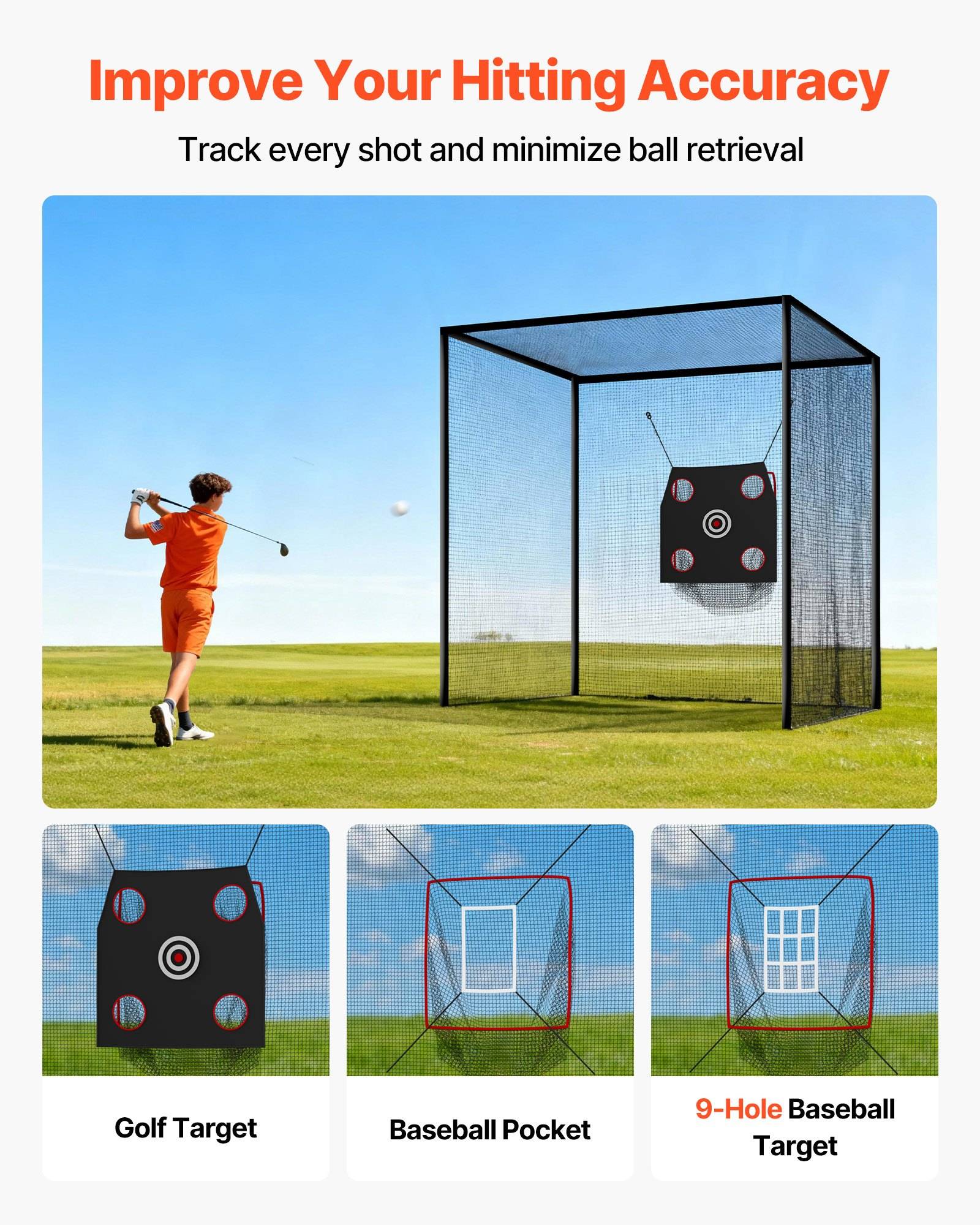 Werbegrafik für ein Golf-Treffziel-System: Golfer schwingt auf ein netzgefüttertes Ziel zu, mit drei Produktoptionen unten angezeigt, beschriftet mit Golf-Ziel, Baseball-Tasche und 9-Loch-Baseball-Ziel.