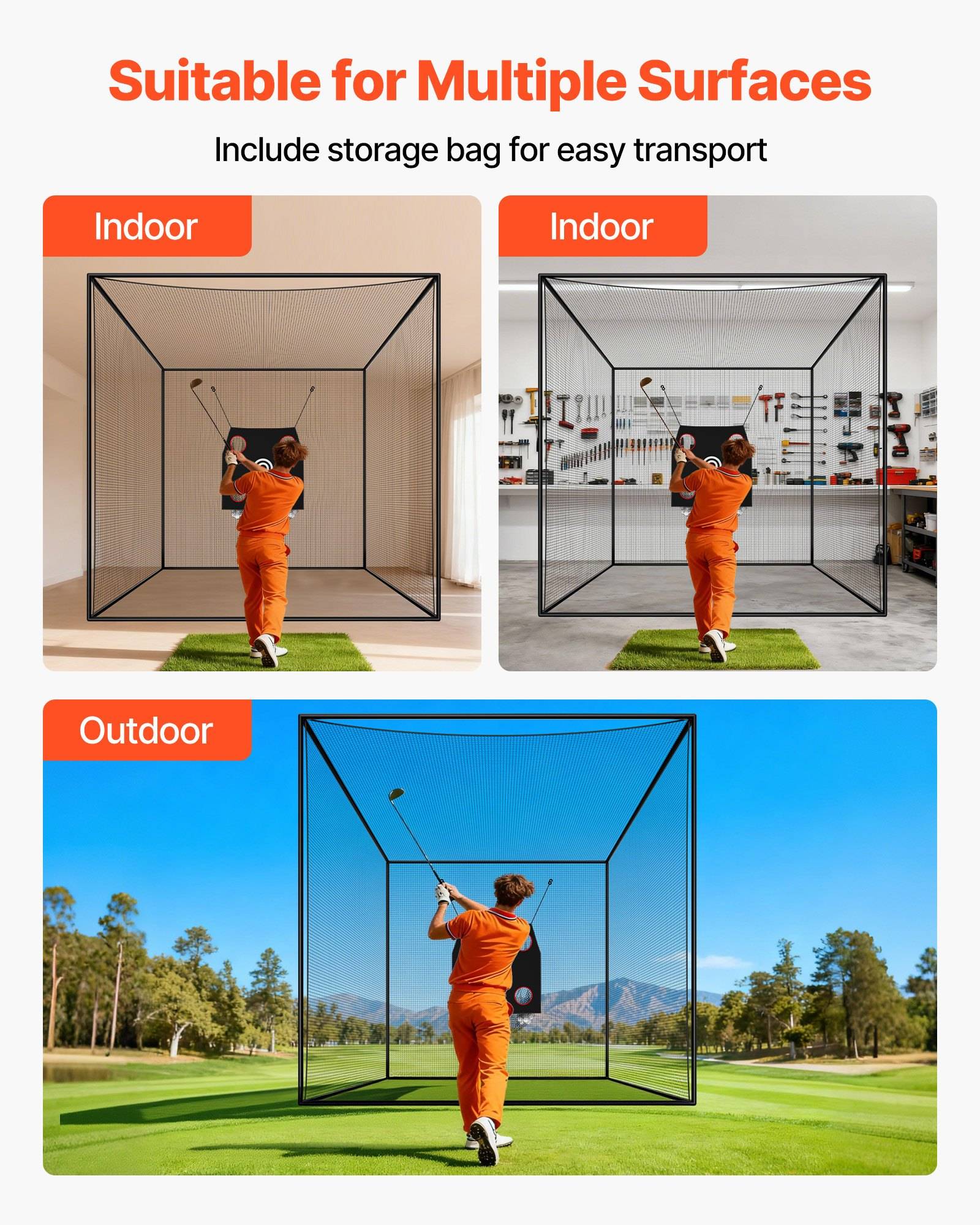 Werbegrafik, die ein tragbares Golftrainingsnetz zeigt, das drinnen und draußen verwendet wird, mit einem Golfer, der in drei Umgebungen schwingt, und dem Text „Geeignet für mehrere Oberflächen" und „Inklusive Aufbewahrungstasche für einfachen Transport"".