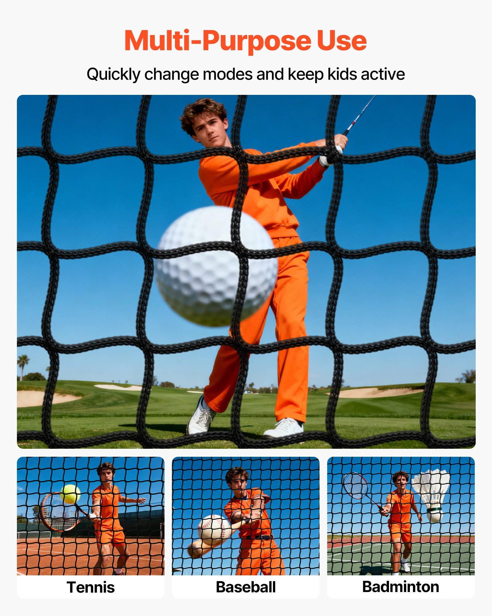 Werbegrafik mit dem Titel „Vielseitige Verwendung" zeigt ein Kind in Orange beim Tennisspielen, mit kleineren Bildern mit den Beschriftungen Tennis, Baseball und Badminton, um die austauschbare Sportnutzung zu demonstrieren.