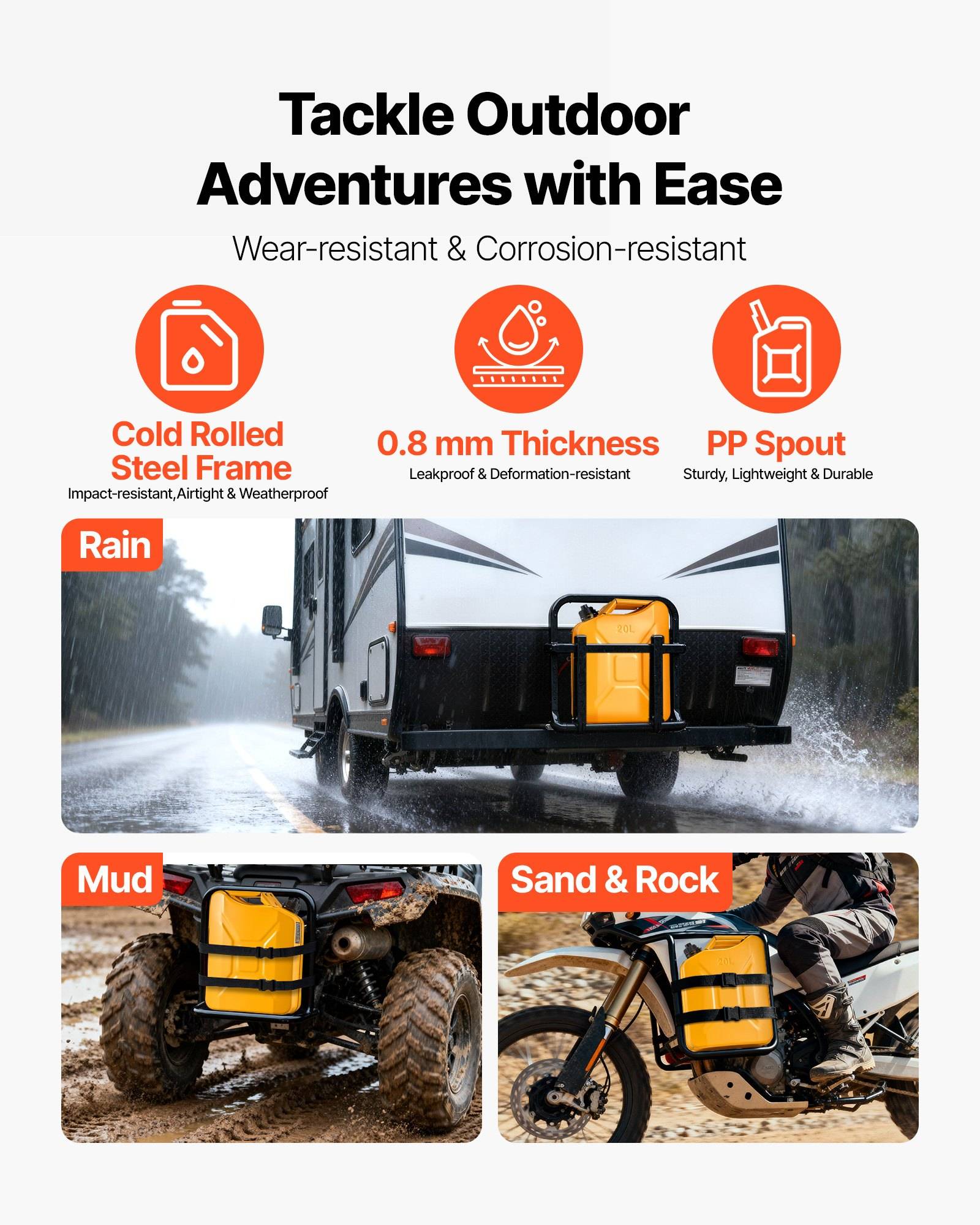 Werbegraphy für eine robuste gelbe Transporttasche für den Außeneinsatz mit Hervorhebung von Kaltwalzstahlrahmen, 0,8 mm Dicke, PP-Auslauf und Beständigkeit gegen Regen, Schlamm, Sand und Steine.