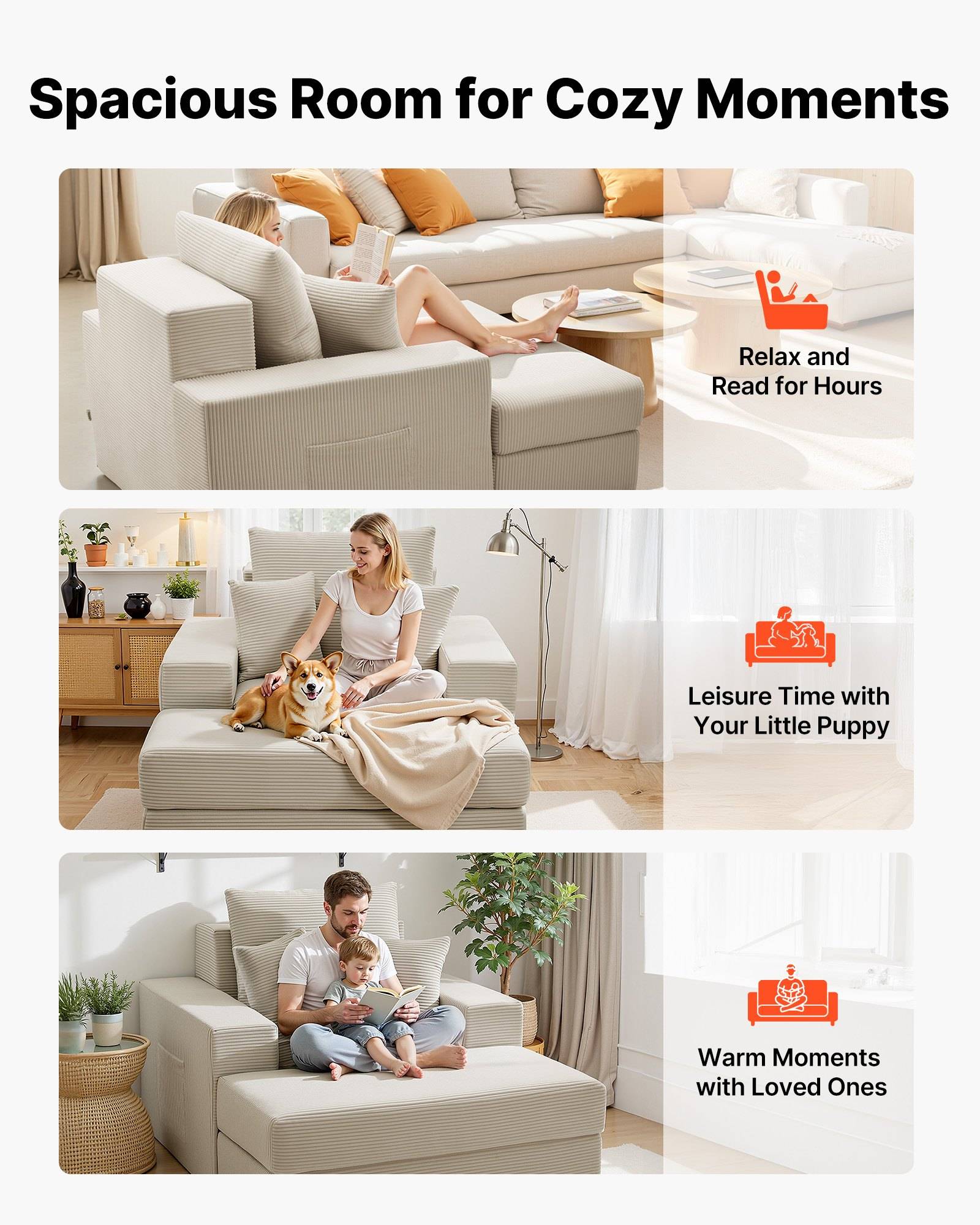 Werbegrafikgrafik mit dem Titel „Geräumiger Raum für gemütliche Momente" mit einem beigefarbenen modularen Sofa in drei Wohnzimmerszenen: Entspannen mit einem Buch, Abhängen mit einem Welpen und Sitzen mit einem Kind.