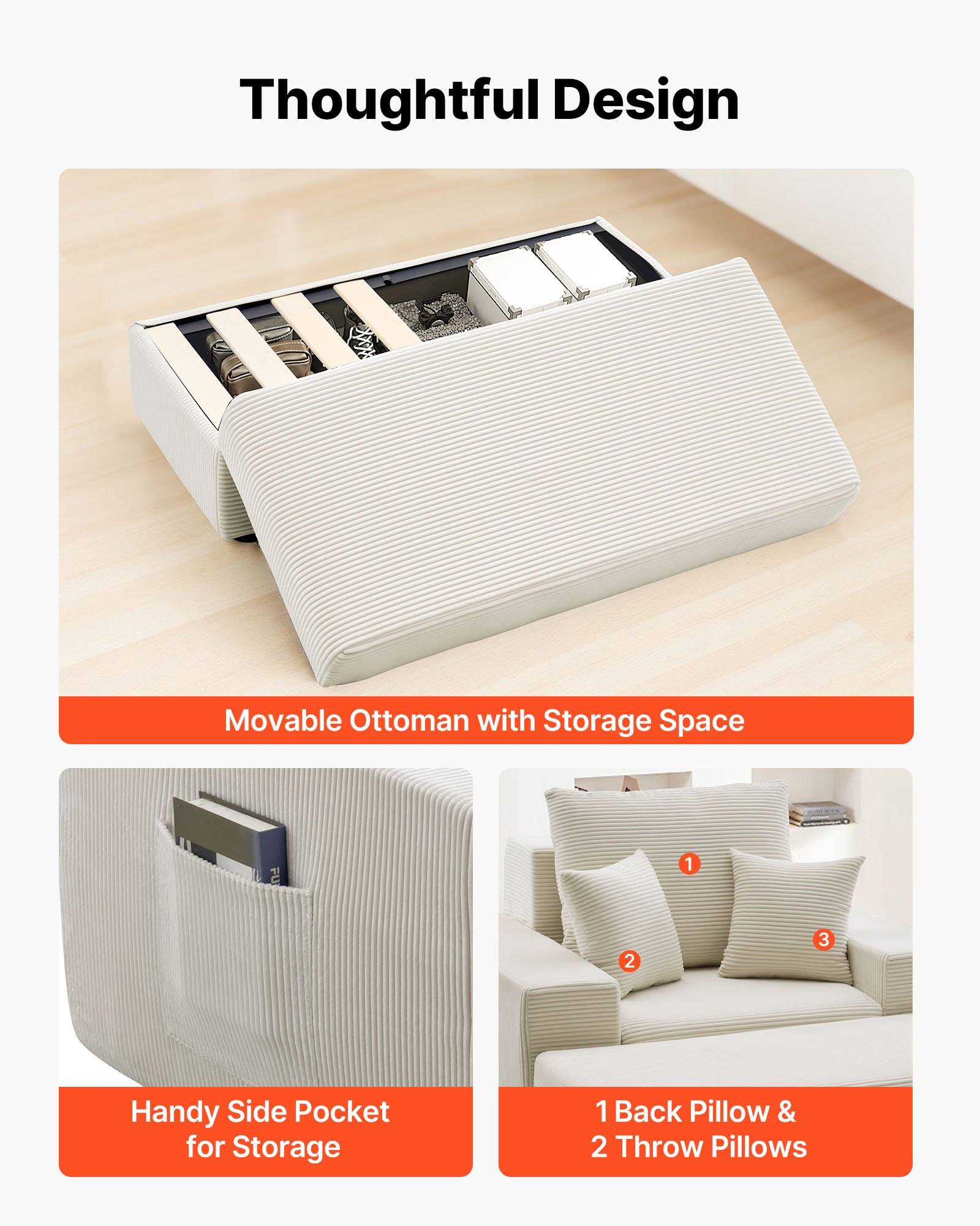 Produktgrafik mit dem Titel "Durchdachtes Design"" zeigt einen beweglichen Hocker mit verstautem Stauraum, einer seitlichen Tasche und Sofakissen, gekennzeichnet als Rückenkissen und Wurfkissen.