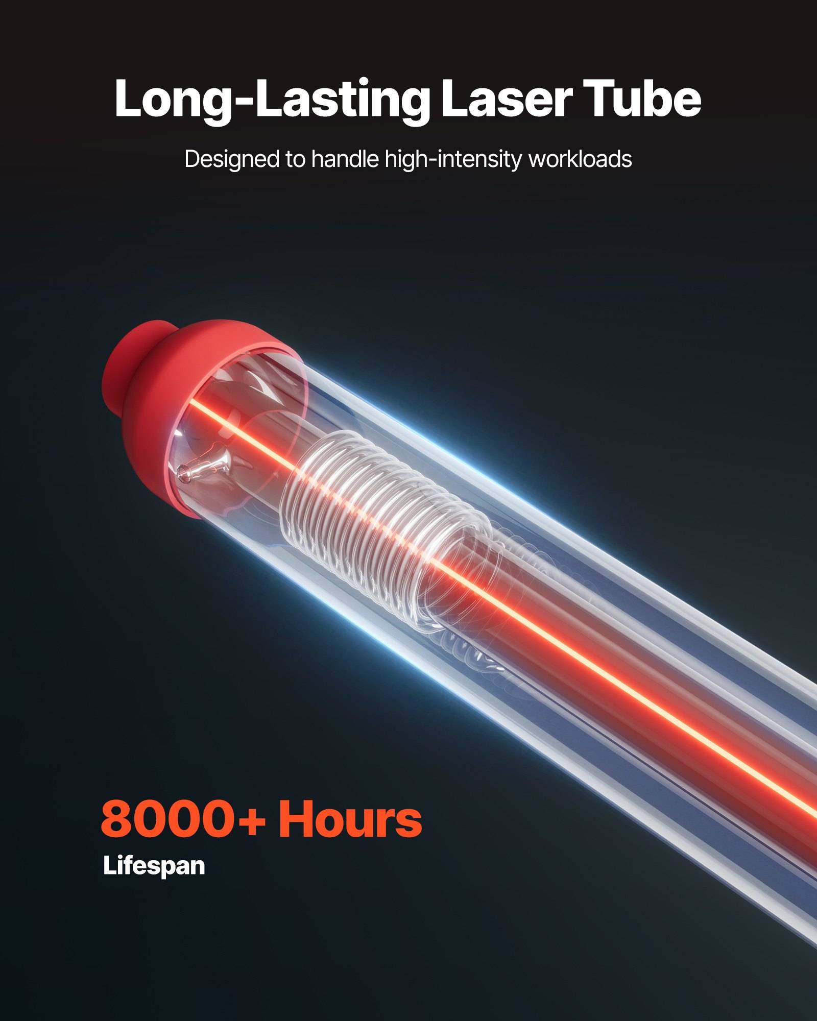 Werbegrafik einer Laserröhre mit der Bezeichnung „Langlebige Laserröhre" und „Entwickelt für hochintensive Arbeitsbelastungen"" mit Hervorhebung der Lebensdauer von „8000+ Stunden"".