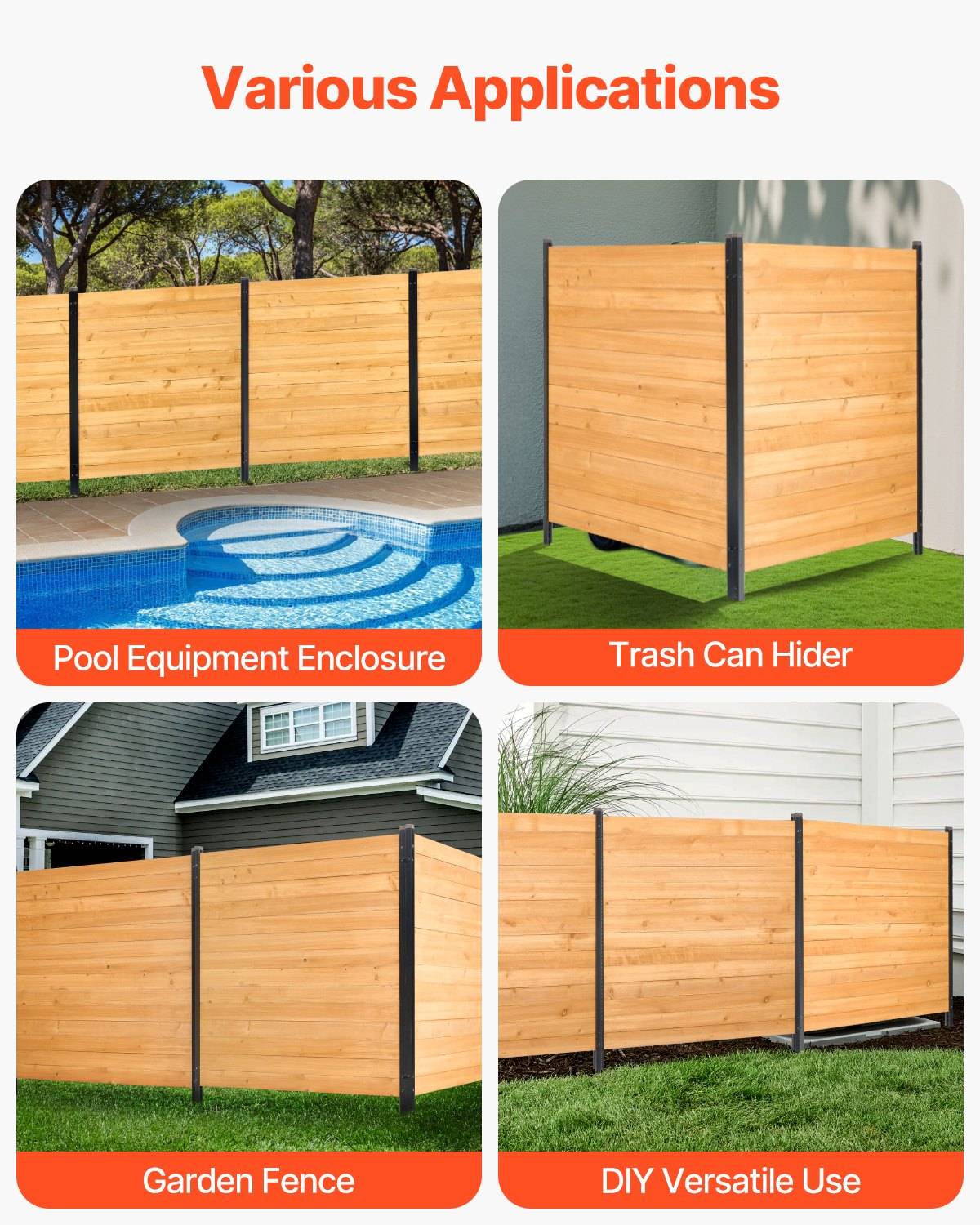 Werbegrafikdesign mit dem Titel „Verschiedene Anwendungen" zeigt ein Holz-Sichtschutzpaneel, das als Poolgerätegehäuse, Mülltonnenversteck, Gartenzaun und vielseitige DIY-Verwendung genutzt wird.