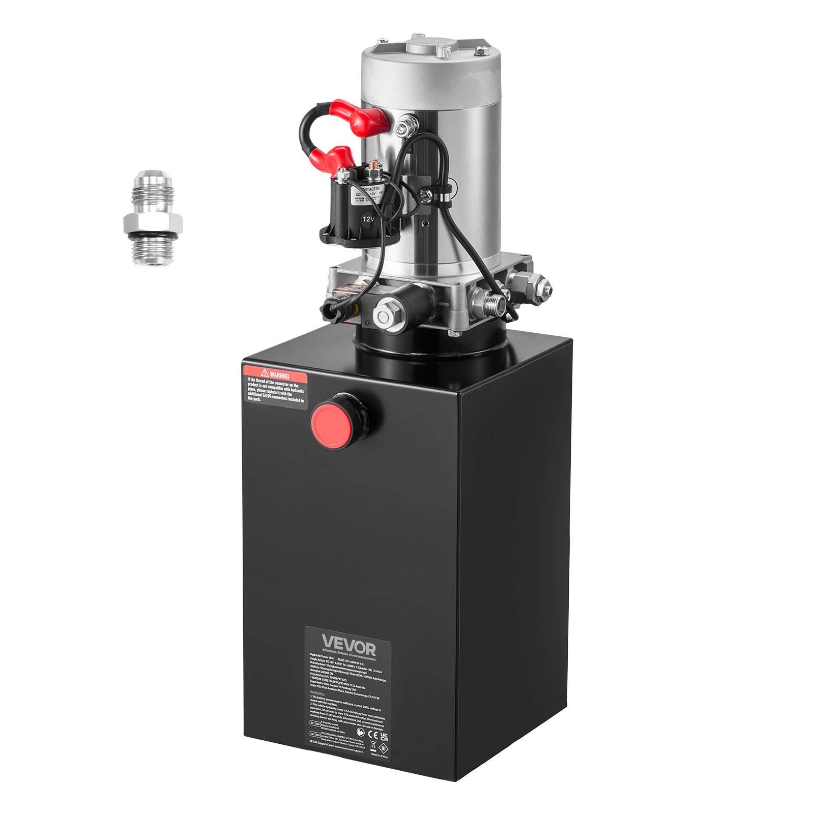 Tragbare hydraulische Pumpeneinheit mit schwarzem Behälter und silbernem Motor, dargestellt mit einer separaten Metallarmatur auf weißem Hintergrund.