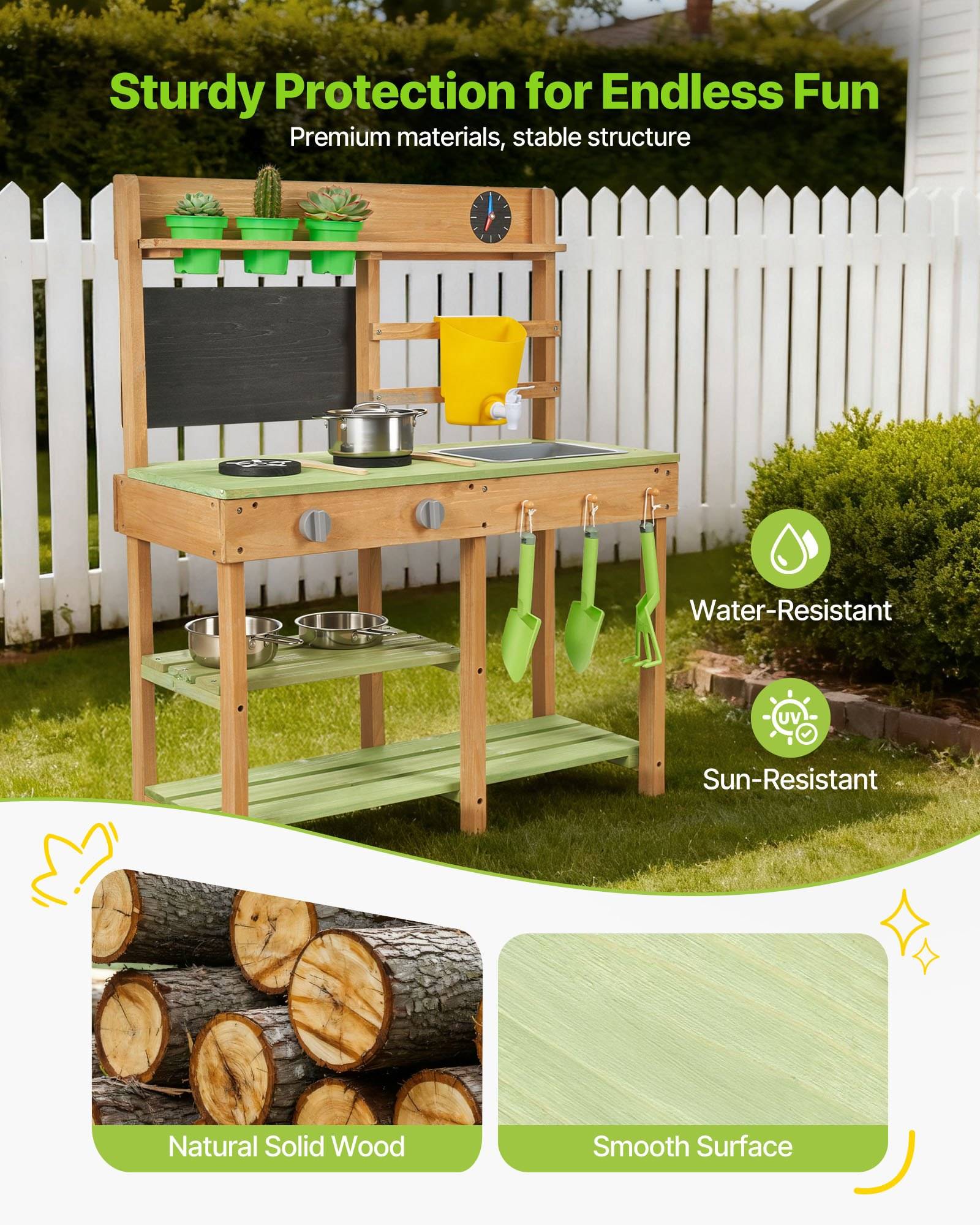 Outdoor-Holzspielküche mit Kochfeld, Spüle, Küchenutensilien und Stauraum; die Anzeige hebt robuste, wasserfeste, sonnenfeste, massives Naturholz und glatte Oberfläche hervor.