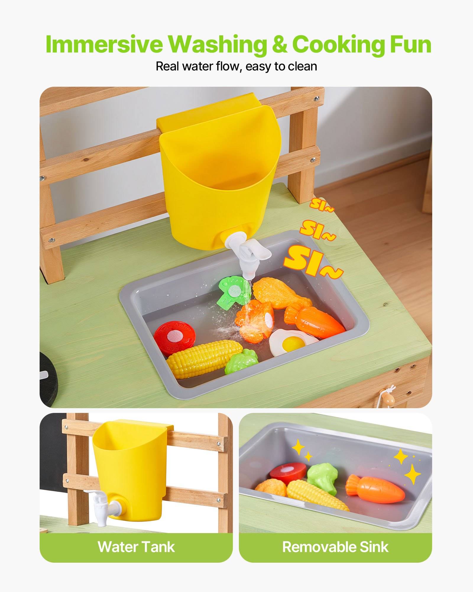 Spielzeug-Kinderküchenschrank mit gelbem Wassertank und abnehmbarem Waschbecken, das Wasser zeigt, das in Kunststoff-Spielzeuglebensmittel fließt.