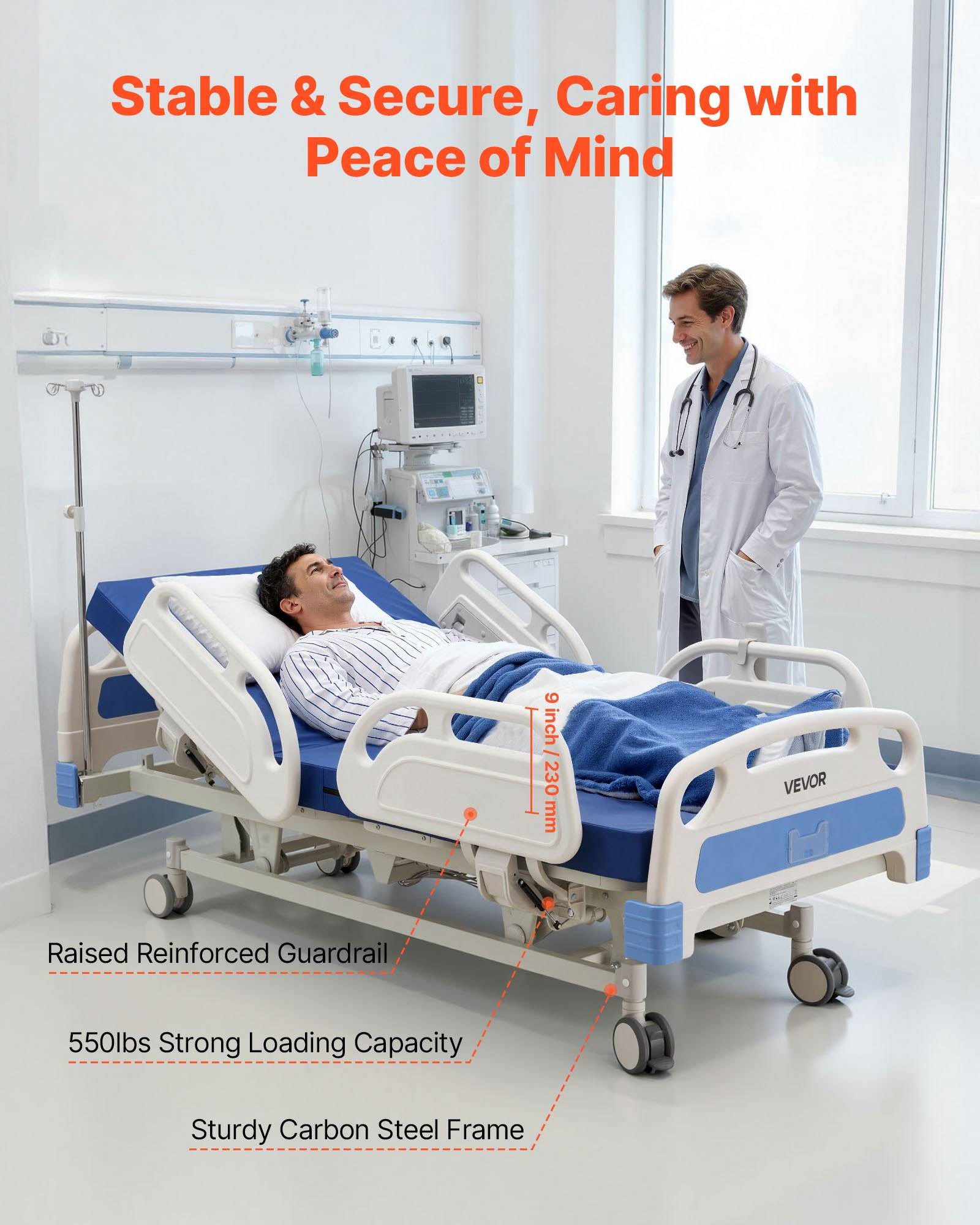 # Krankenzimmerszenario mit einem Arzt neben einem Patienten in einem verstellbaren Bett, das 'Stabil & Sicher, Pflege mit Sicherheit' bewirbt und Funktionen wie erhöhte Seitengitter, 550-Pfund-Kapazität und robustes Stahlrahmen enthält.