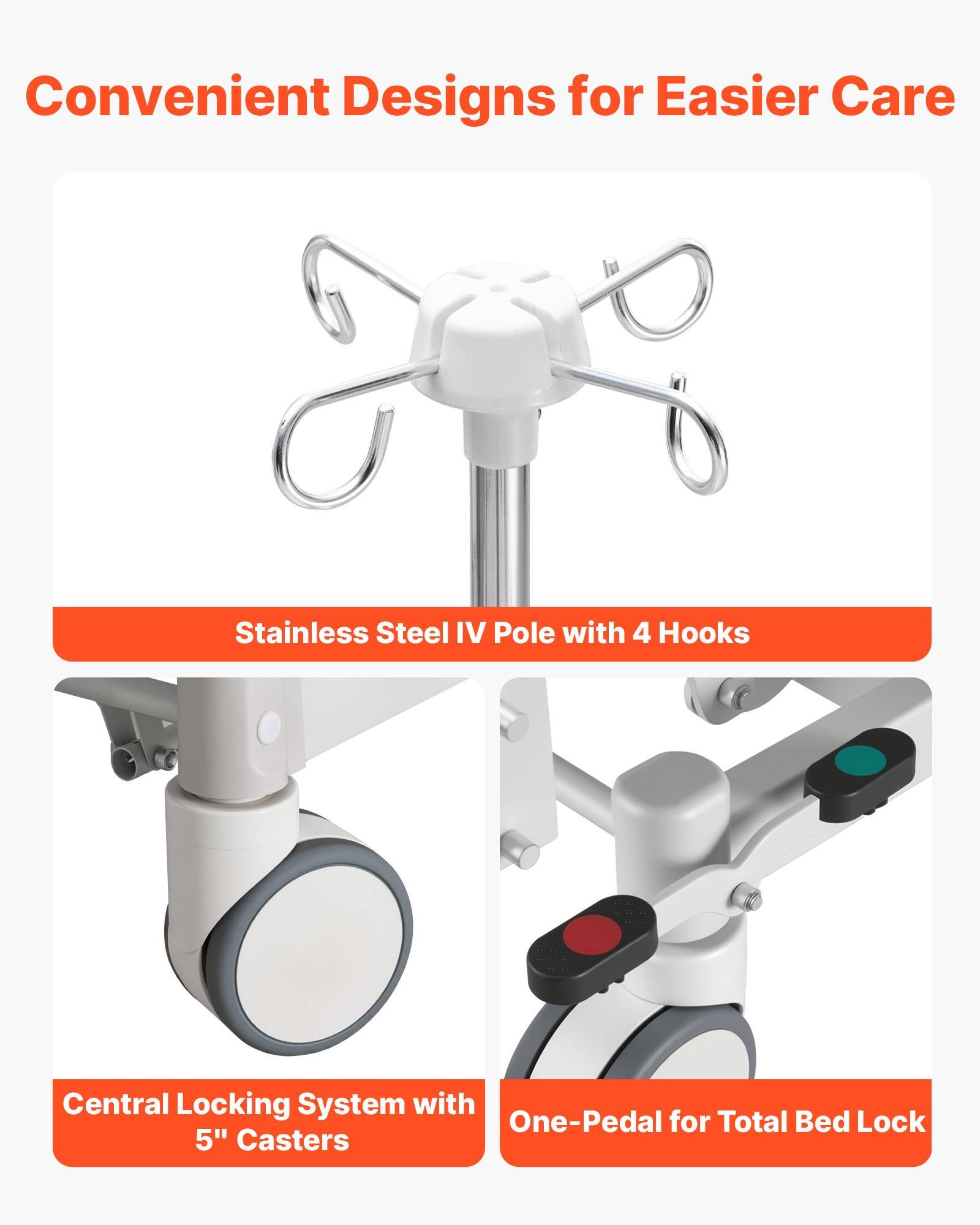 Werbegrafik für einen Infusionsständer mit vier Haken, 5-Zoll-Rollen und einem Einpedal-Zentralverriegelungssystem für einfachere Handhabung.