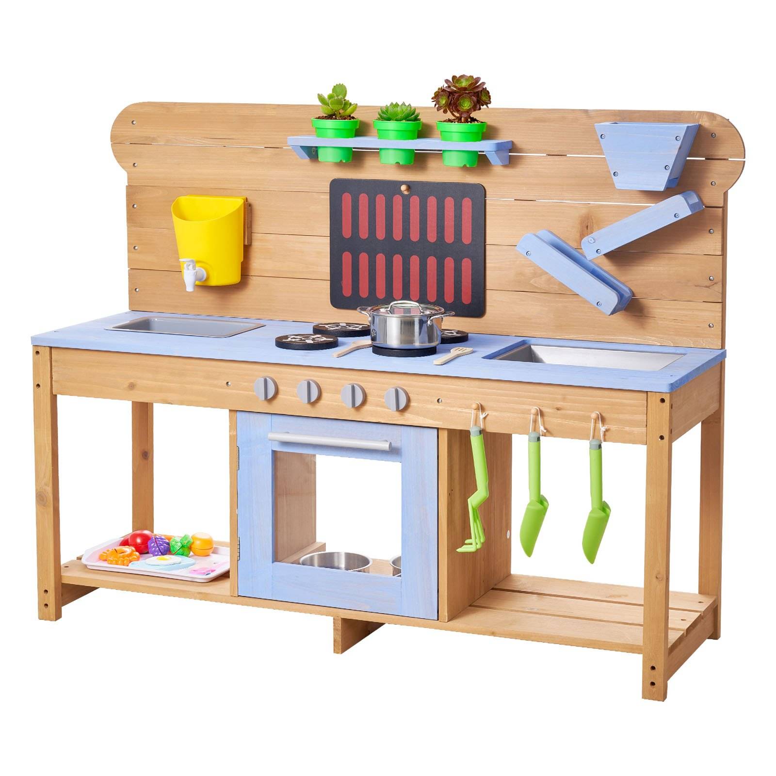 VEVOR Spielküche, Kinderküche mit Herd, Haken, Doppelspülbecken, Pflanzspaten, Pfannenwendern, Kochgeschirr & Zubehör, Spielzeugküche zum Spielen