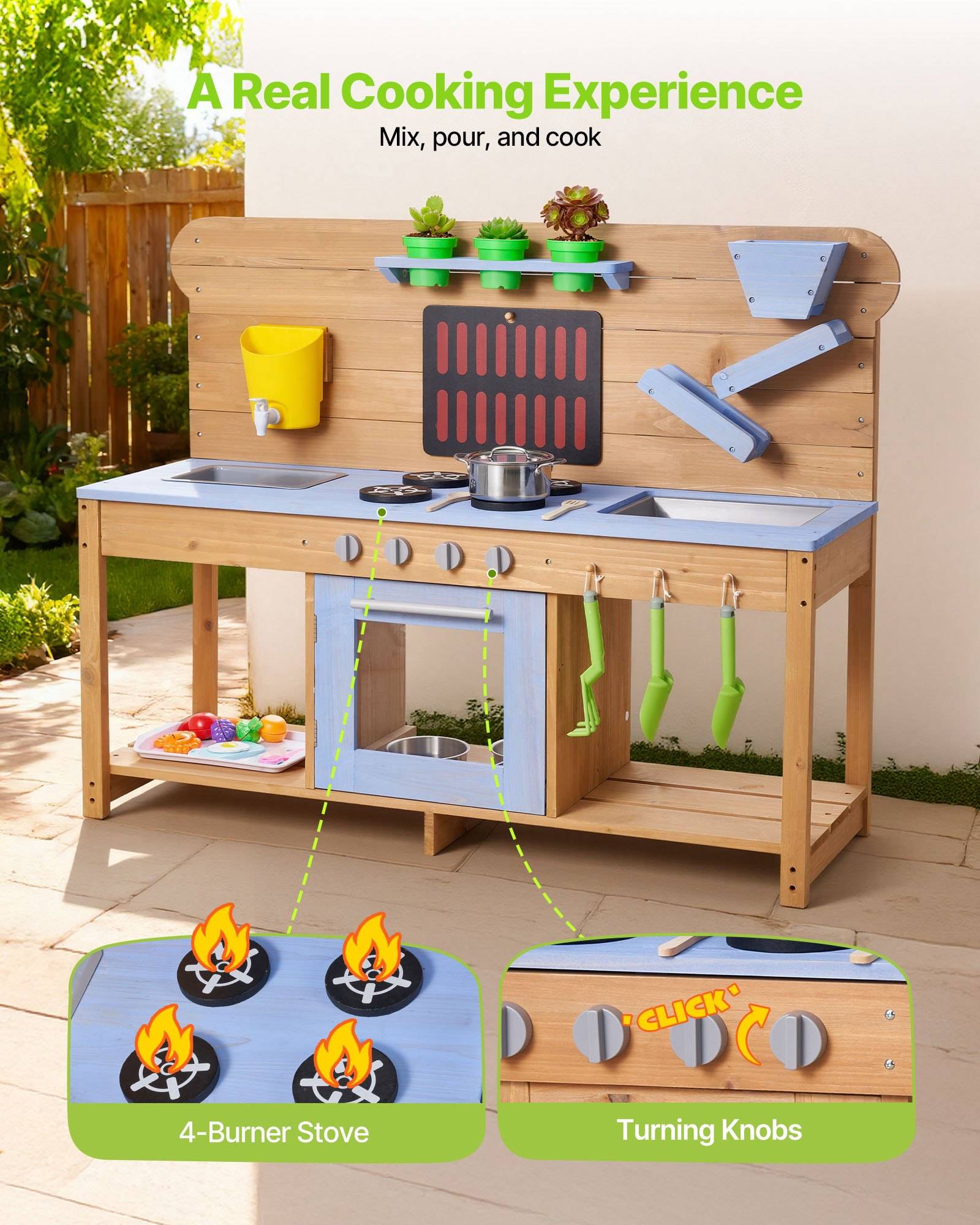 VEVOR Spielküche, Kinderküche mit Herd, Haken, Doppelspülbecken, Pflanzspaten, Pfannenwendern, Kochgeschirr &amp; Zubehör, Spielzeugküche zum Spielen