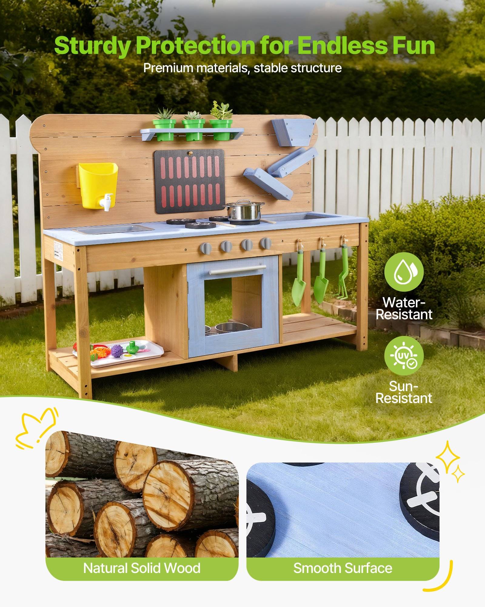 Outdoor-Spielküche aus Holz mit Spüle und Utensilien, mit den Bezeichnungen „Robuster Schutz für endlosen Spaß", „Wasserbeständig"", „Sonnenbeständig"", „Massives Naturholz"" und „Glatte Oberfläche"".