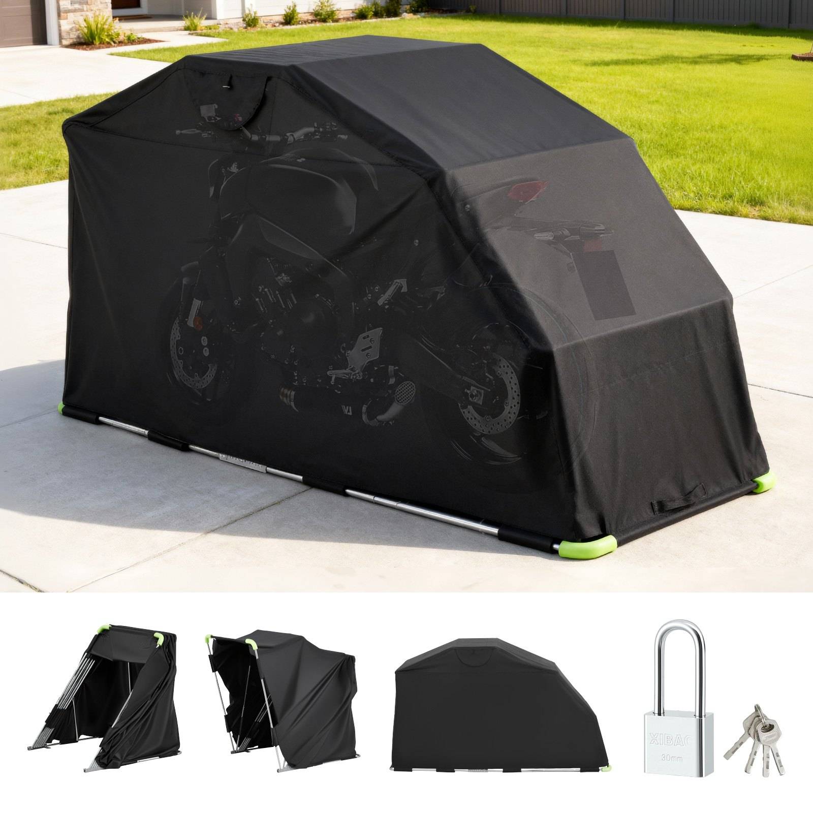 VEVOR Motorrad Zeltgarage, Motorrad Abdeckplane 2790x1095x1600 mm, Motorradgarage mit Sicherheitsschloss, 600D Oxford-Klappzelt