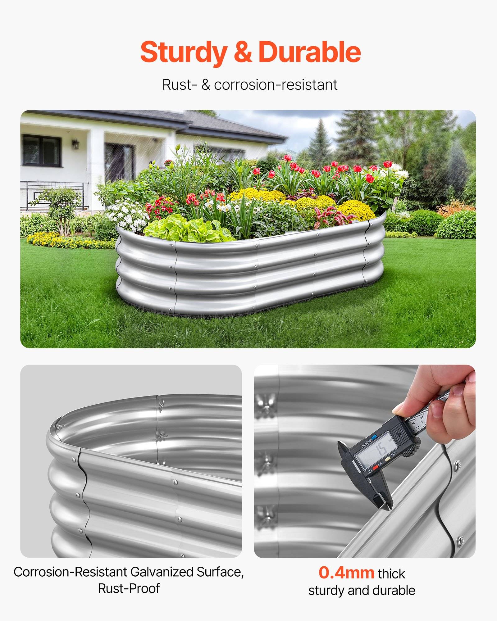 Anzeige für ein verzinktes Metall-Hochbeet, gezeigt in einem Garten mit Blumen, mit Hervorhebung von 'Robust & Langlebig', rost- und korrosionsbeständig, 0,4 mm dick.