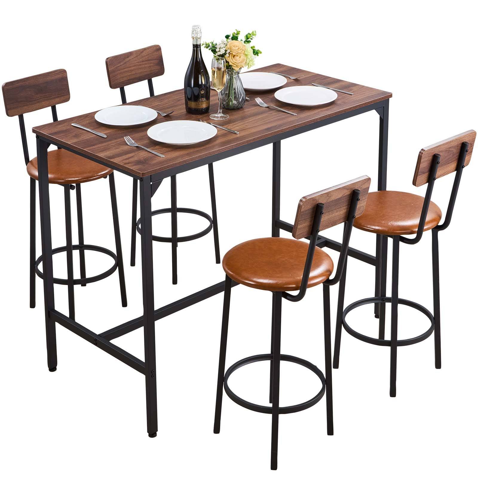 VEVOR Bartisch-Set (5-tlg.) mit 4 Barstühlen & abgerundeten Kanten, rechteckiger Kneipentisch Stehtisch (1200 x 600 x 915 mm), Bistrotisch Esstisch