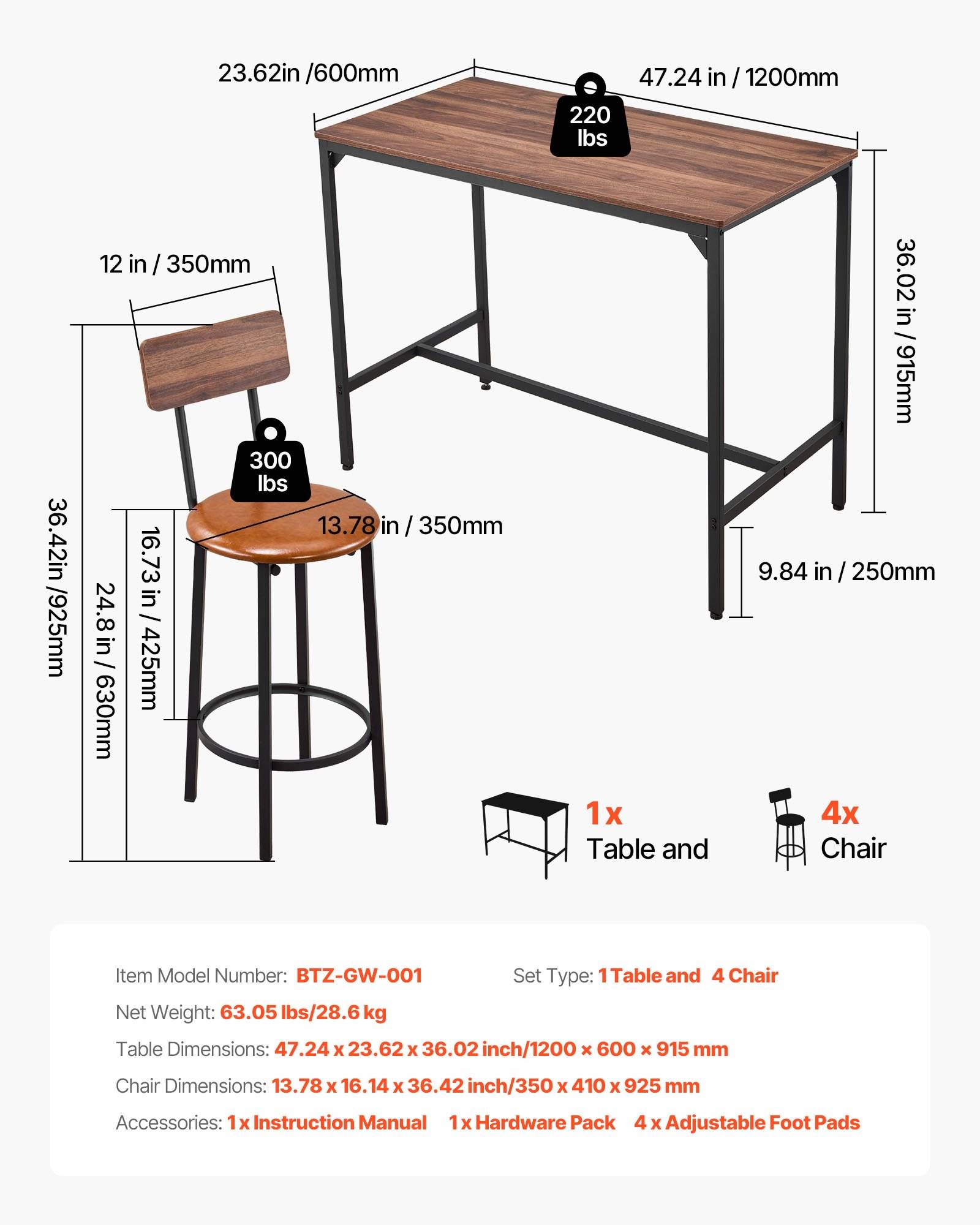 VEVOR Bartisch-Set (5-tlg.) mit 4 Barstühlen &amp; abgerundeten Kanten, rechteckiger Kneipentisch Stehtisch (1200 x 600 x 915 mm), Bistrotisch Esstisch