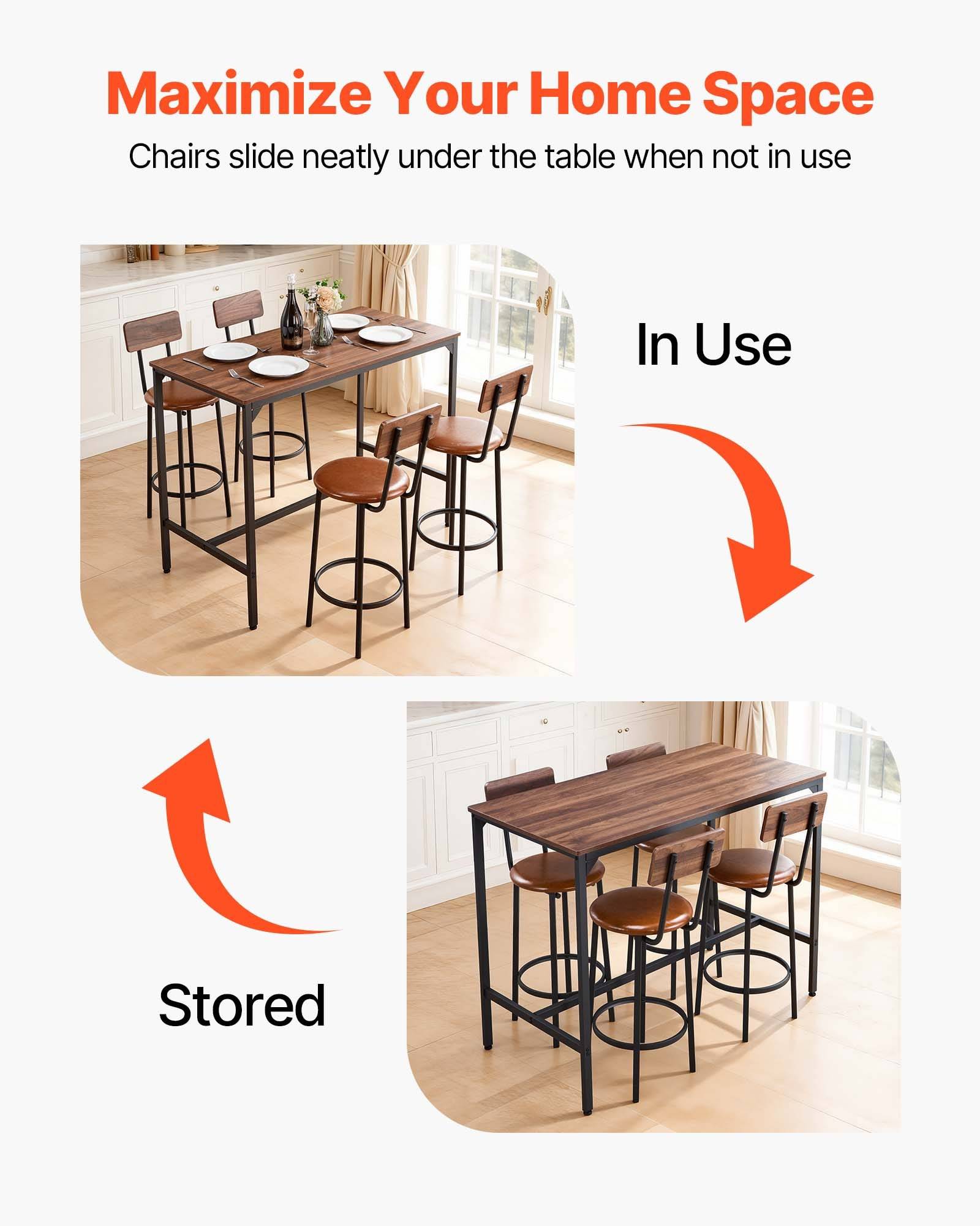 VEVOR Bartisch-Set (5-tlg.) mit 4 Barstühlen &amp; abgerundeten Kanten, rechteckiger Kneipentisch Stehtisch (1200 x 600 x 915 mm), Bistrotisch Esstisch