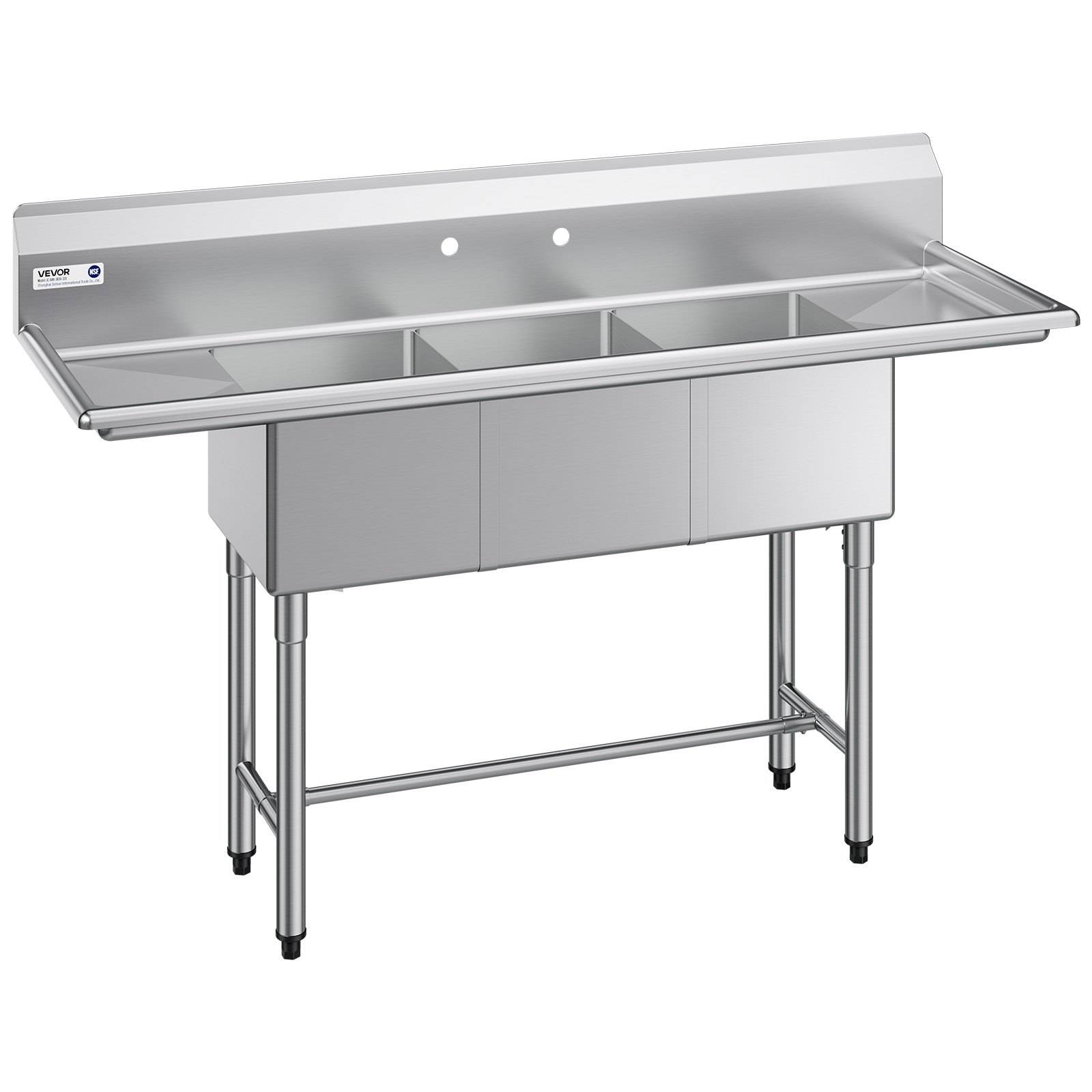 Edelstahlspülbecken für gewerbliche Nutzung mit zwei Becken, Spritzschutz und Unterschrank auf vier Beinen.