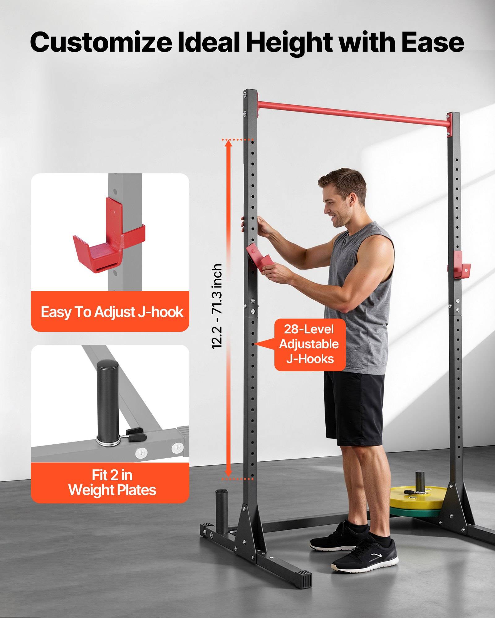 Fitness-Rack-Anzeige, die einen Mann zeigt, der J-Haken einstellt; Text hebt "Passen Sie die ideale Höhe mühelos an"" hervor, 28-stufig verstellbare J-Haken, leicht verstellbare J-Haken und passen 2 Gewichtsplatten.