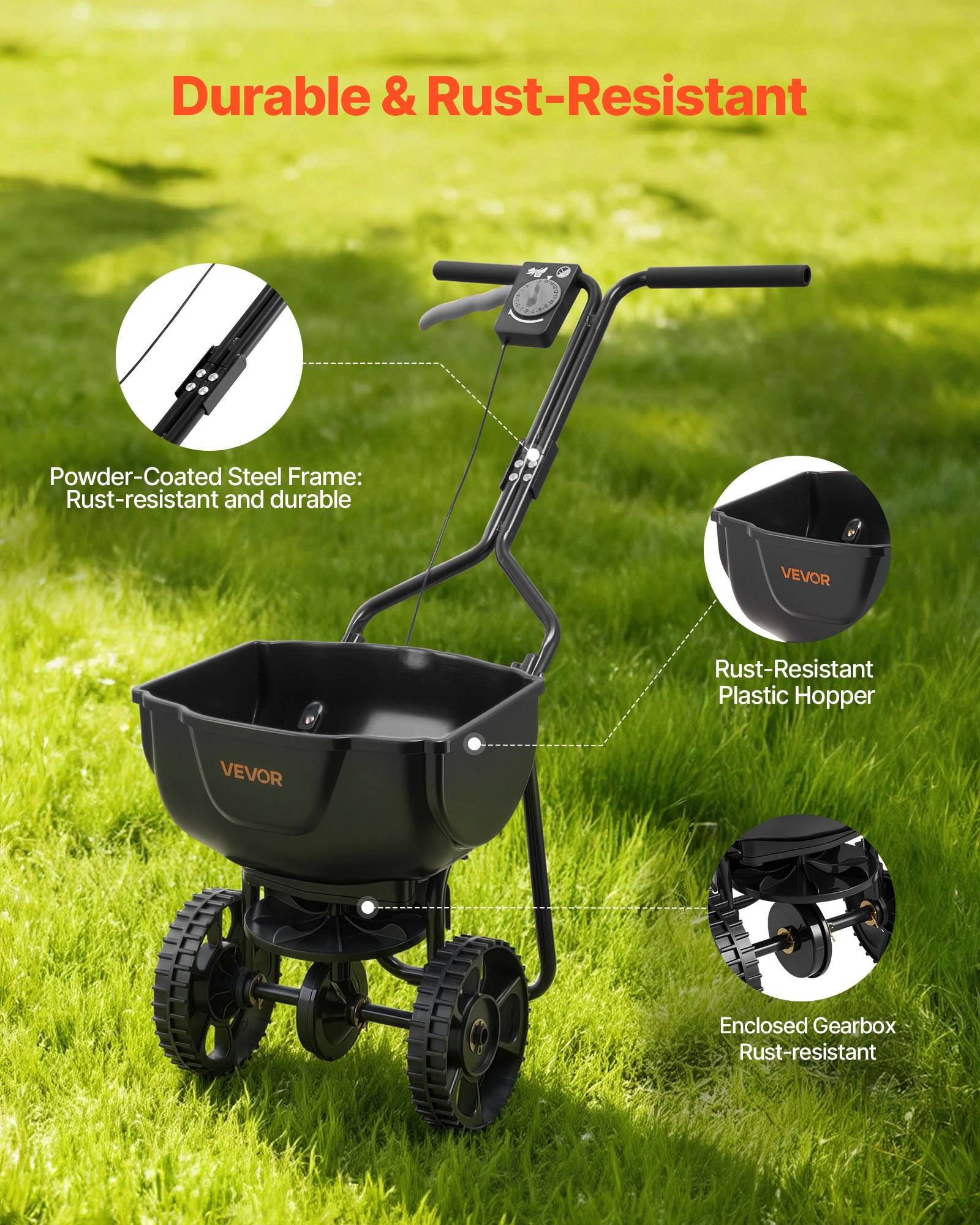 VEVOR Streuwagen 6,8 kg Fassungsvermögen, Düngerstreuer 3 m Streubreite, Schleuderstreuer mit 25,4 cm Reifen, einstellbarer Streumenge, Staatsgutstr