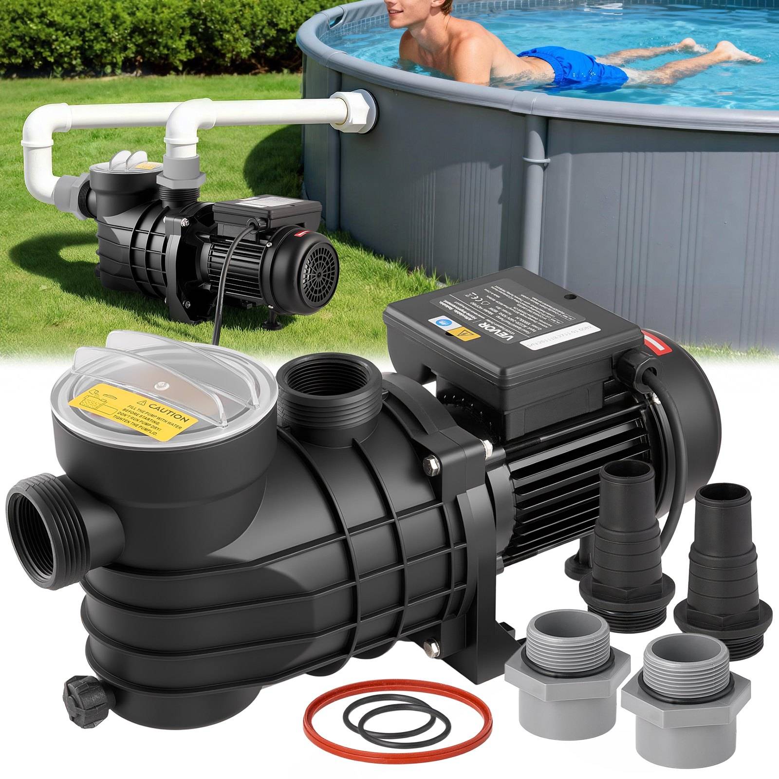 VEVOR Schwimmbadpumpe 180 W, Filterpumpe 10.800 L/H max. Fördermenge, Einstufige Poolpumpe, 2850 U/min, 8 m max. Förderhöhe, mit Filterkorb & Decke