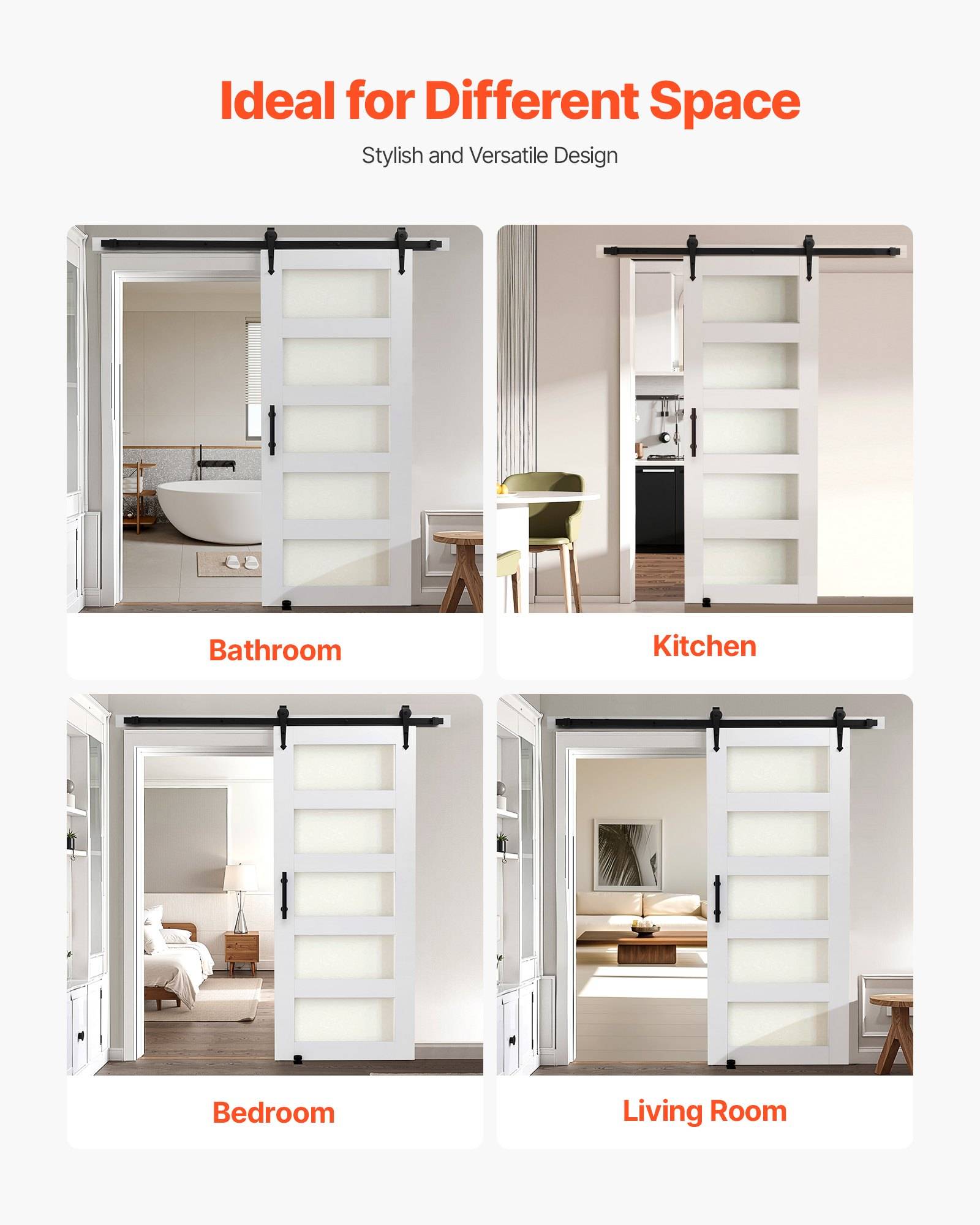 VEVOR Schiebetür im Scheunenstil Schiebetürsystem (813 x 2134 mm) aus hochfesten MDF-Platten &amp; Milchglas, Scheunentor mit Hardware-Kit &amp; wasserfeste